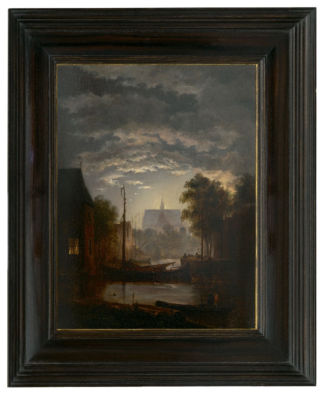 Abels J.Th.  | 'Jacobus' Theodorus Abels, Stadshaventje bij maanlicht, olieverf op paneel 29,7 x 23,6 cm