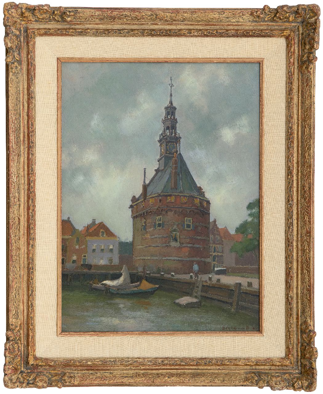 Beek B.A. van | Bernardus Antonie van Beek | Schilderijen te koop aangeboden | Afgemeerde bootjes bij de Hoofdtoren in Hoorn, olieverf op board 41,0 x 30,0 cm, gesigneerd rechtsonder