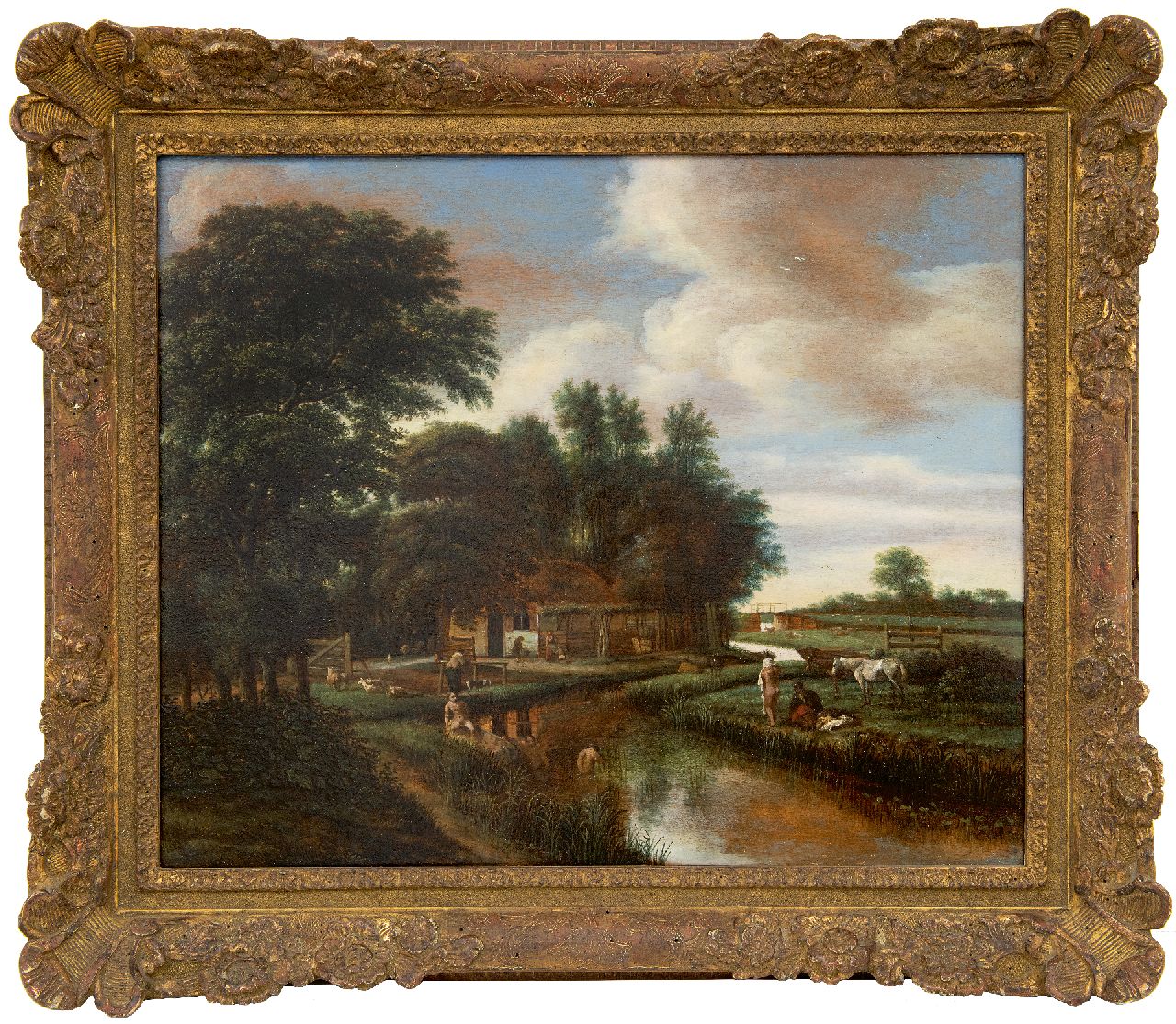 Asch P.J. van | 'Pieter' Jansz. van Asch, Naakte baders in een riviertje nabij een boerderij, olieverf op paneel 42,0 x 51,5 cm, gesigneerd linksonder met monogram Asch P.J. van | 'Pieter' Jansz. van Asch, Naakte baders in een riviertje nabij een boerderij, olieverf op paneel 42,0 x 51,5 cm, gesigneerd linksonder met monogram