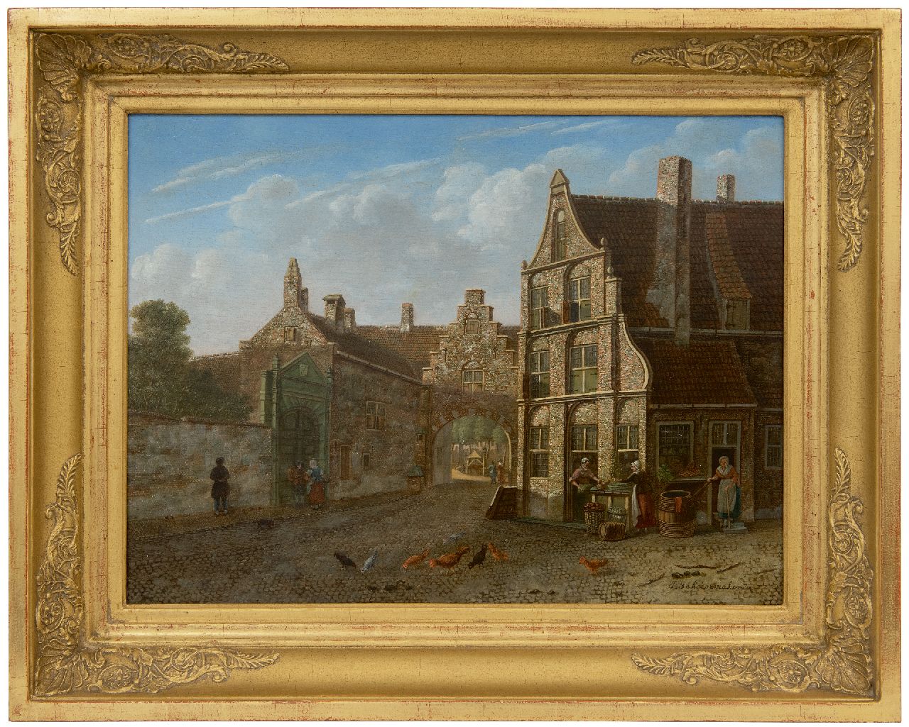 Schoenmaker Pzn J.  | Johannes Schoenmaker Pzn | Schilderijen te koop aangeboden | Stadgezicht met poort en groenteverkopers, olieverf op paneel 31,9 x 42,8 cm, gesigneerd rechtsonder
