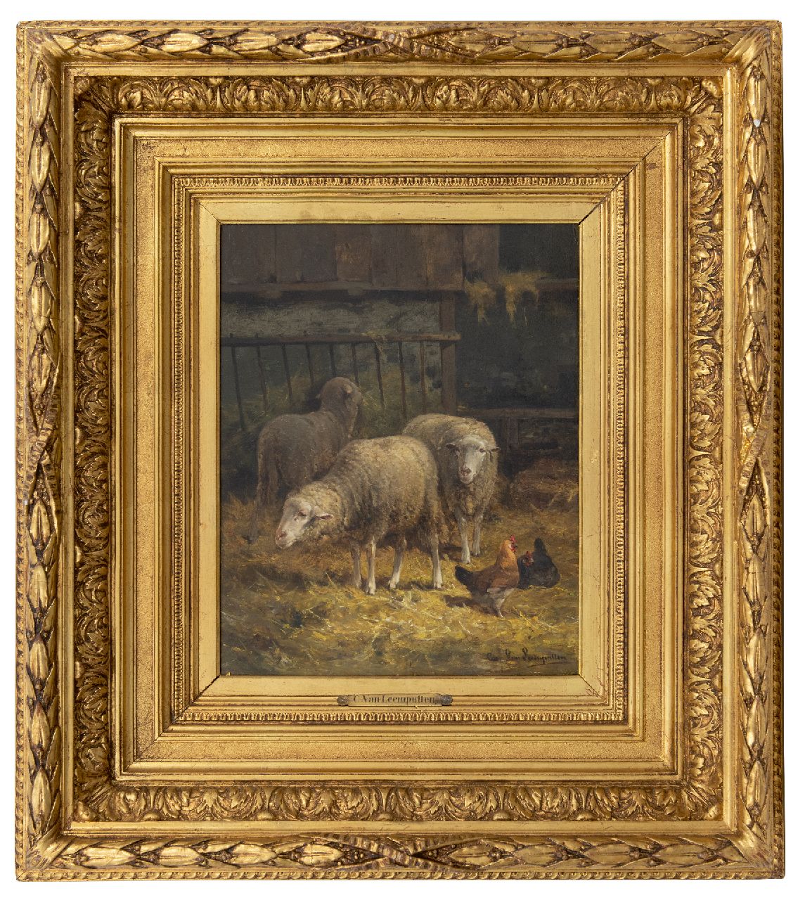 Leemputten C. van | Cornelis van Leemputten, Schapen in de stal, olieverf op paneel 40,0 x 31,7 cm, gesigneerd rechtsonder Leemputten C. van | Cornelis van Leemputten, Schapen in de stal, olieverf op paneel 40,0 x 31,7 cm, gesigneerd rechtsonder