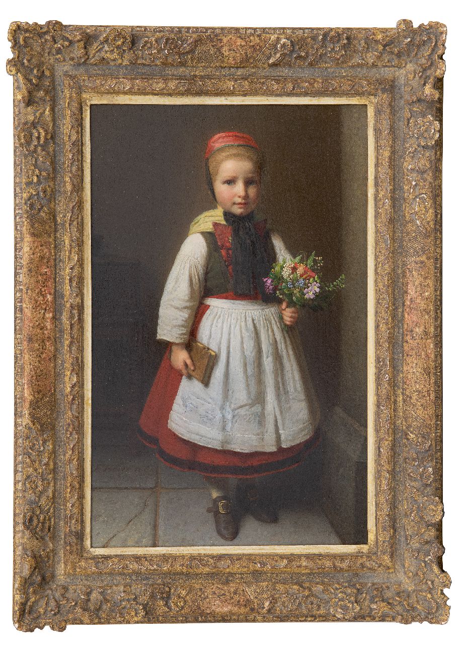 Boser K.F.A. | Karl 'Friedrich' Adolf Boser, Meisje met bloemenboeketje, olieverf op paneel 41,8 x 27,1 cm, gesigneerd linksonder en gedateerd 1862 Boser K.F.A. | Karl 'Friedrich' Adolf Boser, Meisje met bloemenboeketje, olieverf op paneel 41,8 x 27,1 cm, gesigneerd linksonder en gedateerd 1862