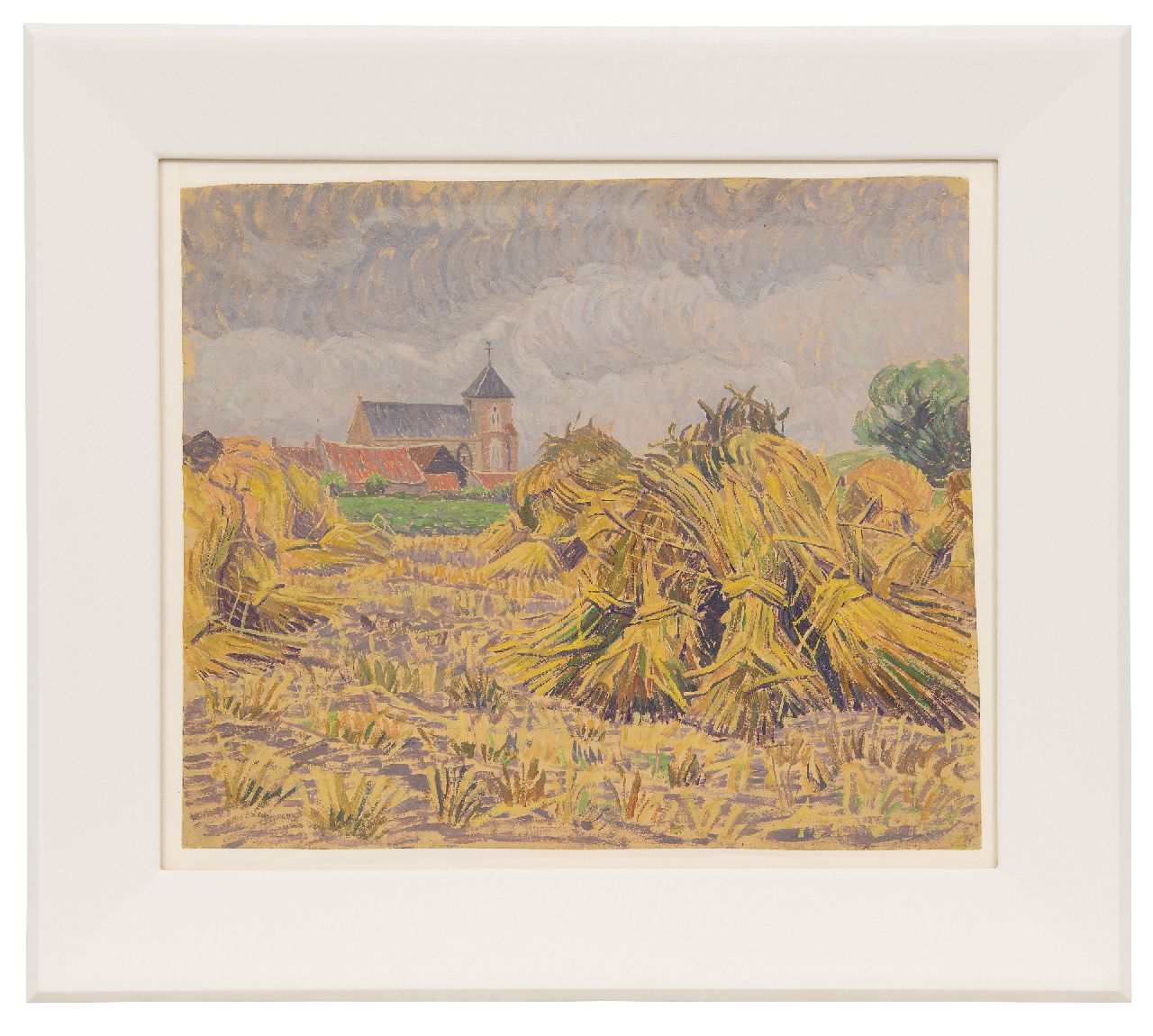 Pijpers E.E. | 'Edith' Elizabeth Pijpers | Schilderijen te koop aangeboden | Dorpskerkje tussen veld met korenschoven, olieverf op papier 38,1 x 48,5 cm Pijpers E.E. | 'Edith' Elizabeth Pijpers | Schilderijen te koop aangeboden | Dorpskerkje tussen veld met korenschoven, olieverf op papier 38,1 x 48,5 cm