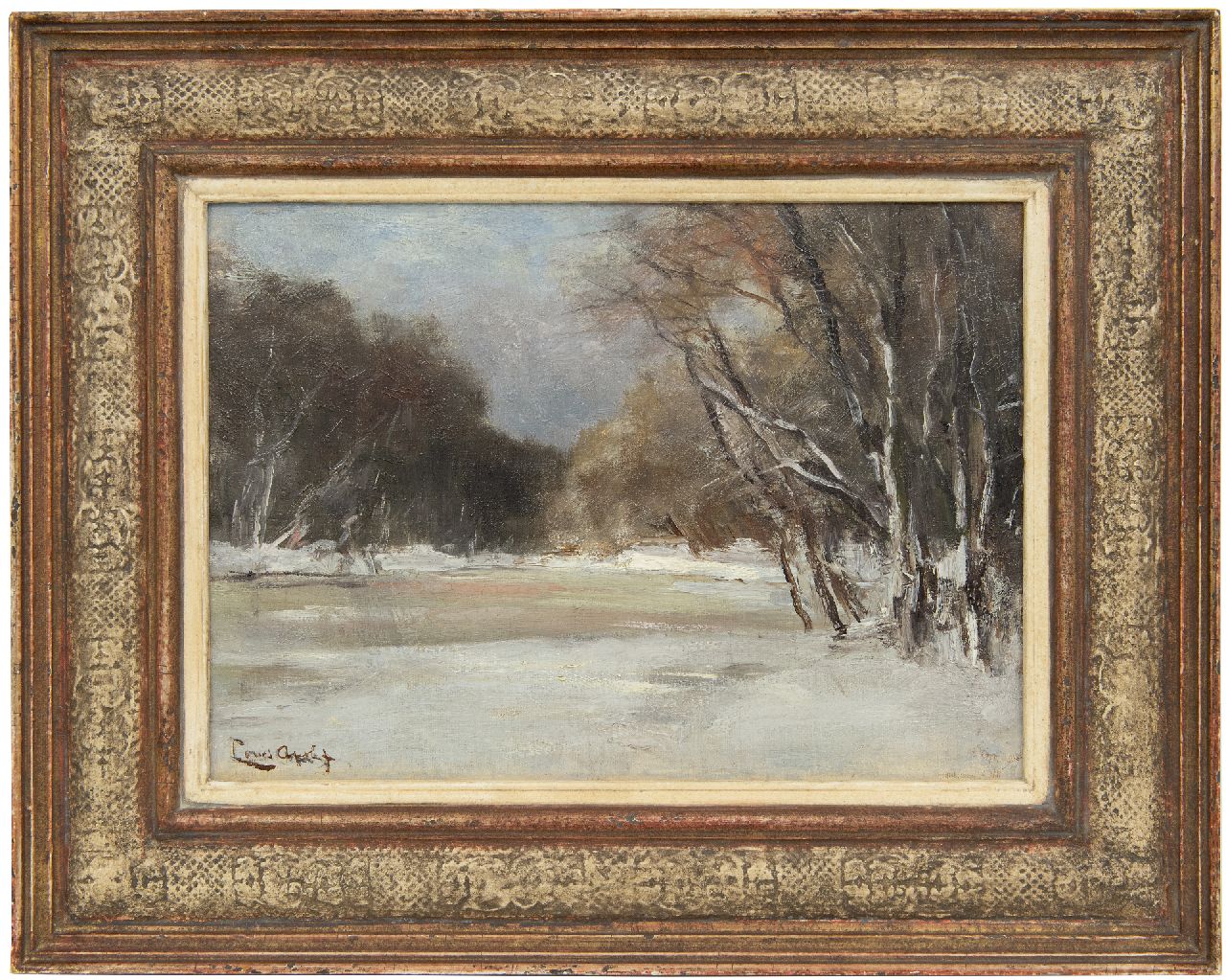 Apol L.F.H.  | Lodewijk Franciscus Hendrik 'Louis' Apol, Besneeuwde bosvijver, olieverf op doek op paneel 25,6 x 35,8 cm, gesigneerd linksonder