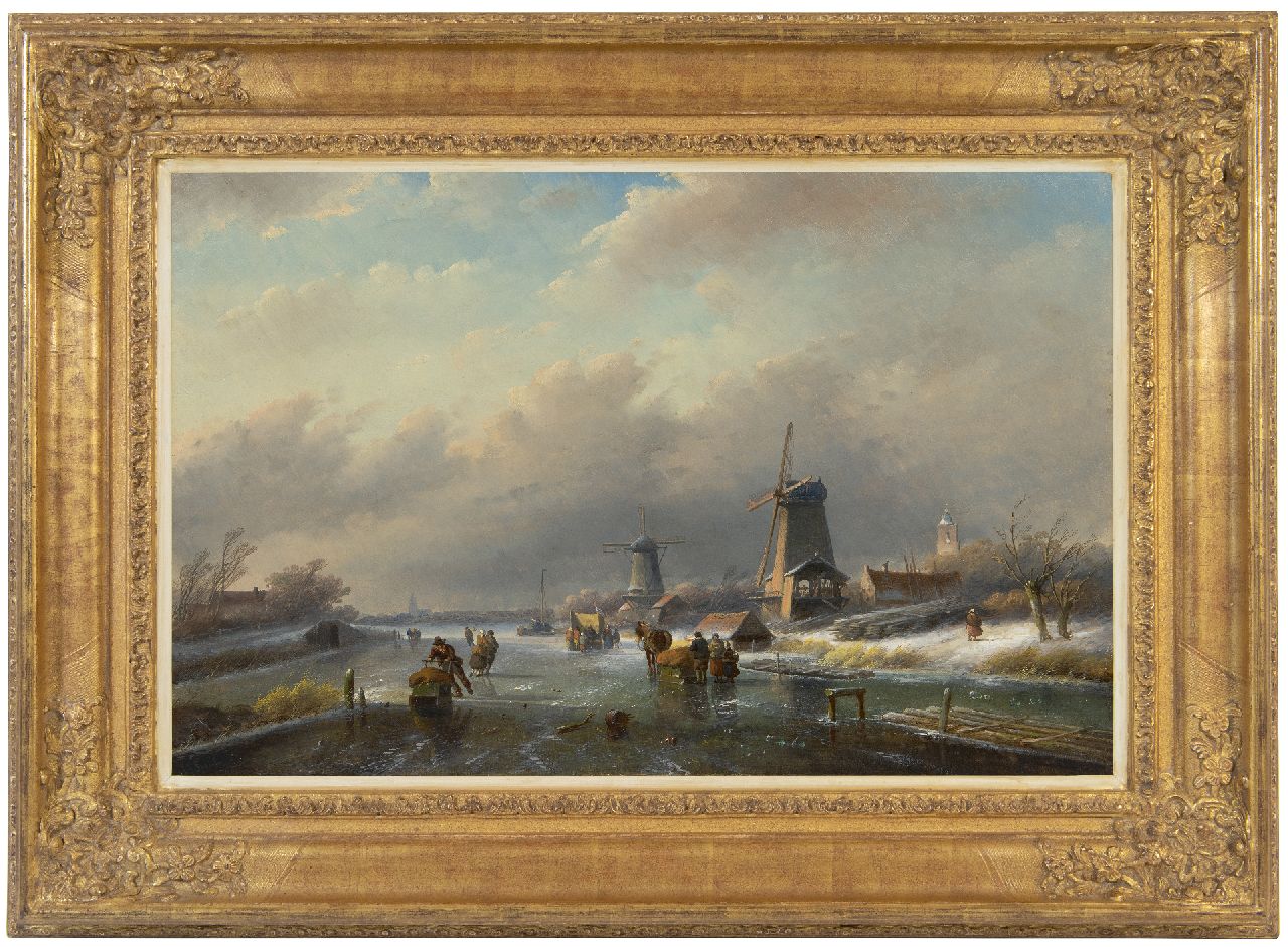 Spohler J.J. | Jan Jacob Spohler | Schilderijen te koop aangeboden | IJsgezicht met schaatsers bij houtzaagmolens, olieverf op paneel 40,5 x 62,9 cm, gesigneerd linksonder Spohler J.J. | Jan Jacob Spohler | Schilderijen te koop aangeboden | IJsgezicht met schaatsers bij houtzaagmolens, olieverf op paneel 40,5 x 62,9 cm, gesigneerd linksonder