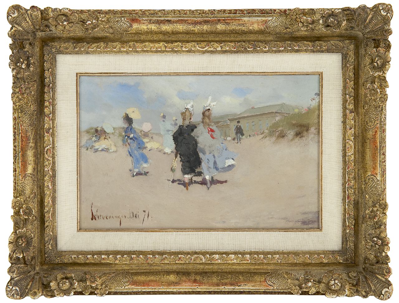 Kaemmerer F.H.  | Frederik Hendrik Kaemmerer, Elegante dames op het strand van Scheveningen, olieverf op board 15,5 x 24,0 cm, gesigneerd linksonder en gedateerd 'Scheveningen' Mai '71
