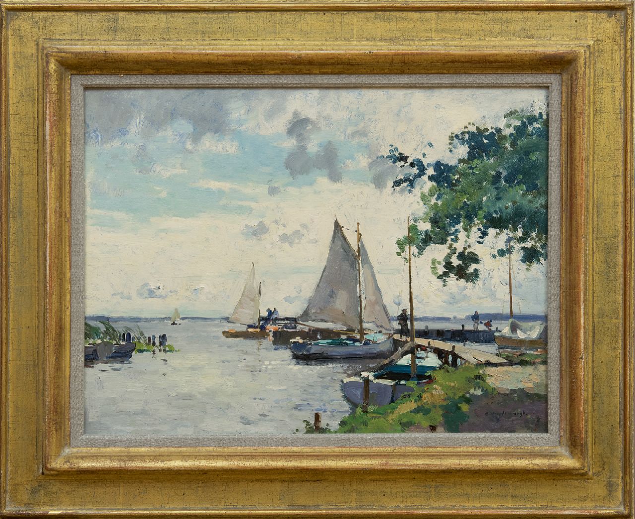 Vreedenburgh C. | Cornelis Vreedenburgh | Schilderijen te koop aangeboden | Aanlegsteiger met zeilboten aan de Loosdrechtse Plassen, olieverf op board 34,7 x 46,1 cm, gesigneerd rechtsonder Vreedenburgh C. | Cornelis Vreedenburgh | Schilderijen te koop aangeboden | Aanlegsteiger met zeilboten aan de Loosdrechtse Plassen, olieverf op board 34,7 x 46,1 cm, gesigneerd rechtsonder
