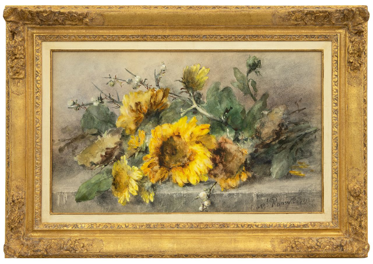 Roosenboom M.C.J.W.H. | 'Margaretha' Cornelia Johanna Wilhelmina Henriëtta Roosenboom, Zonnebloemen op een stenen plint, aquarel op papier 44,3 x 74,8 cm, gesigneerd rechtsonder Roosenboom M.C.J.W.H. | 'Margaretha' Cornelia Johanna Wilhelmina Henriëtta Roosenboom, Zonnebloemen op een stenen plint, aquarel op papier 44,3 x 74,8 cm, gesigneerd rechtsonder