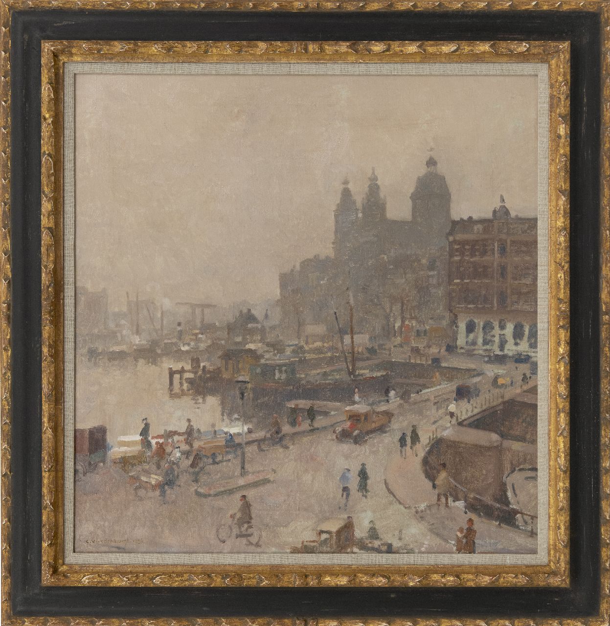 Vreedenburgh C.  | Cornelis Vreedenburgh | Schilderijen te koop aangeboden | Gezicht op Amsterdam met de Nieuwe Brug en de St. Nicolaaskerk, olieverf op doek 52,3 x 50,7 cm, gesigneerd linksonder en gedateerd 1936