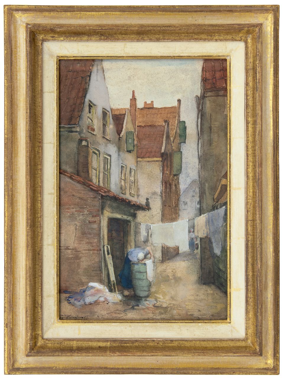 Breitner G.H. | George Hendrik Breitner, Rotterdams steegje met wasvrouw, aquarel op papier 39,1 x 25,7 cm, gesigneerd linksonder en gedateerd '80 Breitner G.H. | George Hendrik Breitner, Rotterdams steegje met wasvrouw, aquarel op papier 39,1 x 25,7 cm, gesigneerd linksonder en gedateerd '80