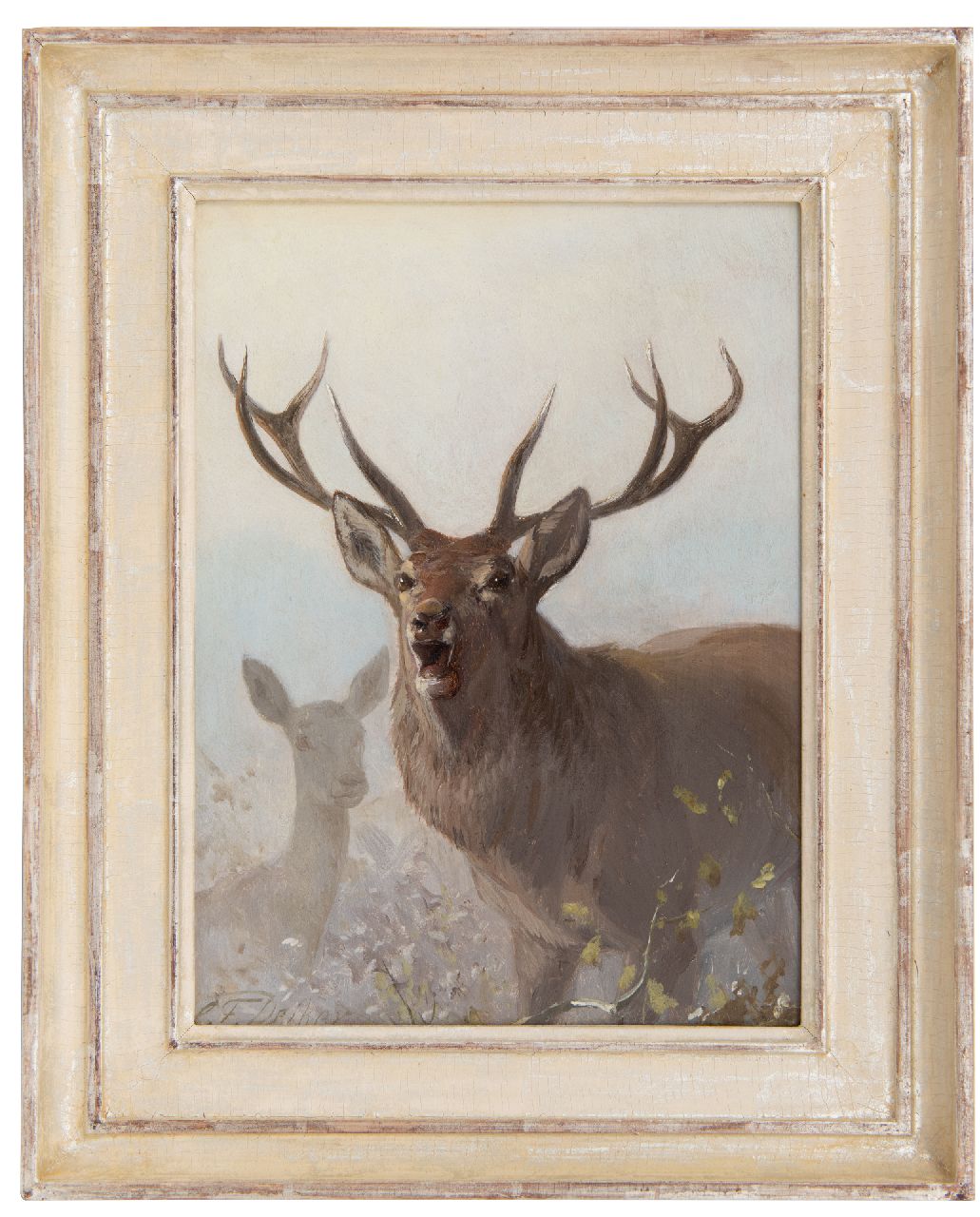 Deiker C.F. | Carl Friedrich Deiker, Burlend edelhert, olieverf op paneel 27,0 x 20,3 cm, gesigneerd linksonder Deiker C.F. | Carl Friedrich Deiker, Burlend edelhert, olieverf op paneel 27,0 x 20,3 cm, gesigneerd linksonder