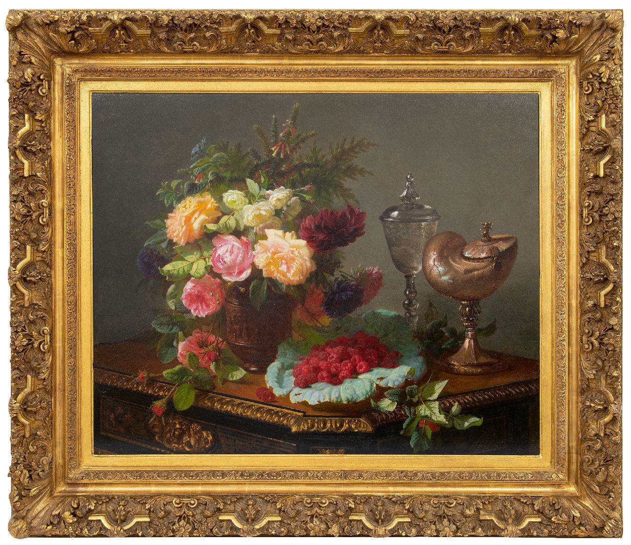 Robie J.B.  | Jean-Baptiste Robie, Stilleven met rozen, vruchten en een nautilusbeker, olieverf op paneel 63,0 x 77,8 cm, gesigneerd rechtsonder
