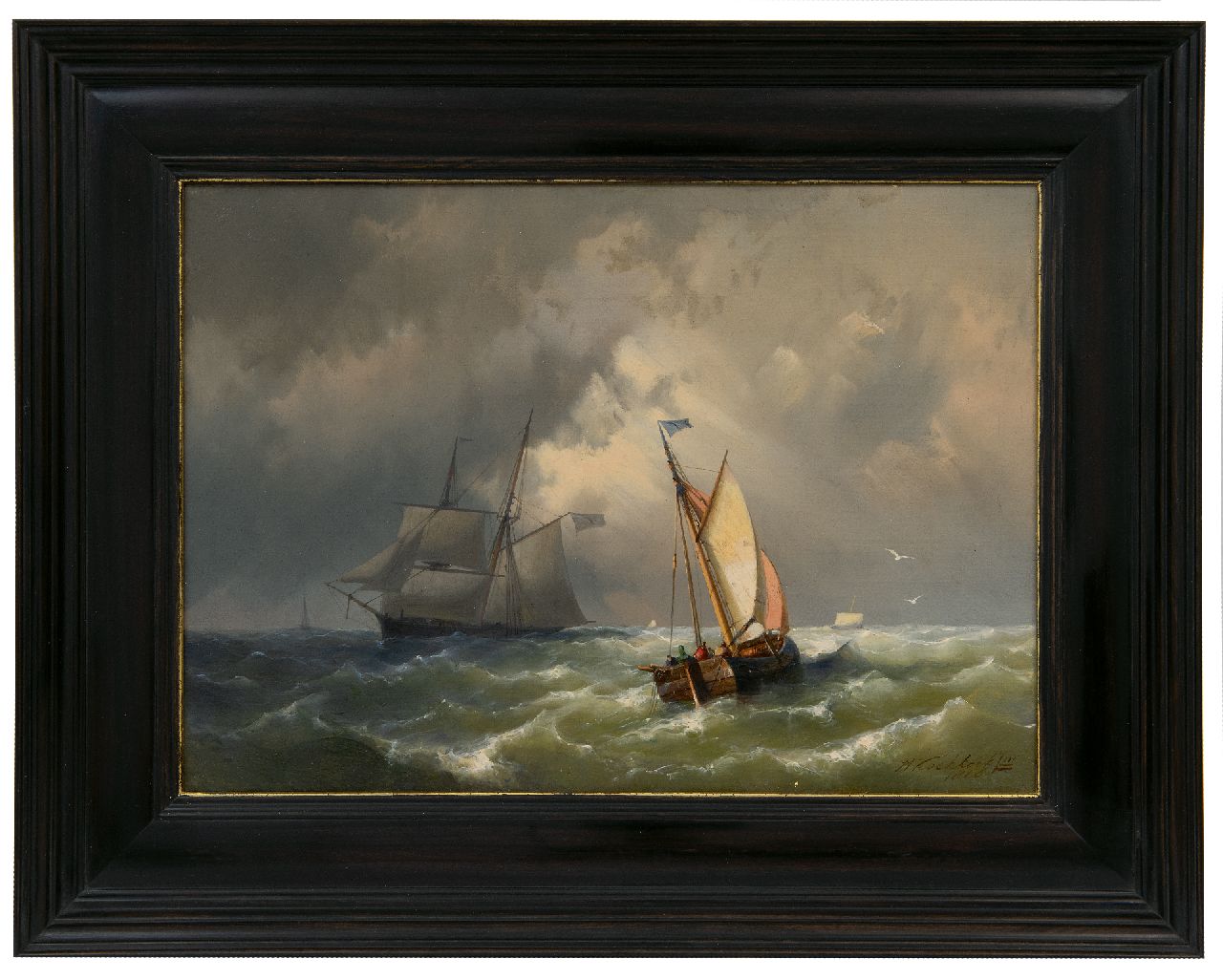 Koekkoek jr. H. | Hermanus Koekkoek jr., Laverende zeilschepen op ruwe zee, olieverf op doek 25,3 x 35,3 cm, gesigneerd rechtsonder en gedateerd 1860 Koekkoek jr. H. | Hermanus Koekkoek jr., Laverende zeilschepen op ruwe zee, olieverf op doek 25,3 x 35,3 cm, gesigneerd rechtsonder en gedateerd 1860