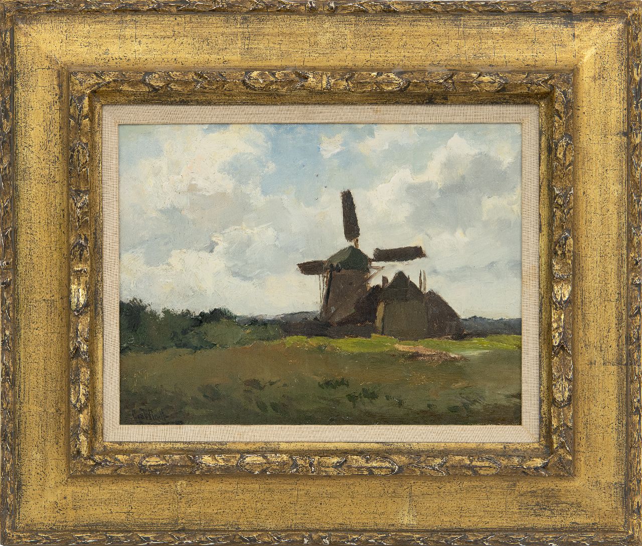 Windt Ch. van der | Christophe 'Chris' van der Windt, Landschap met poldermolen, olieverf op doek op paneel 22,3 x 28,2 cm, gesigneerd linksonder Windt Ch. van der | Christophe 'Chris' van der Windt, Landschap met poldermolen, olieverf op doek op paneel 22,3 x 28,2 cm, gesigneerd linksonder