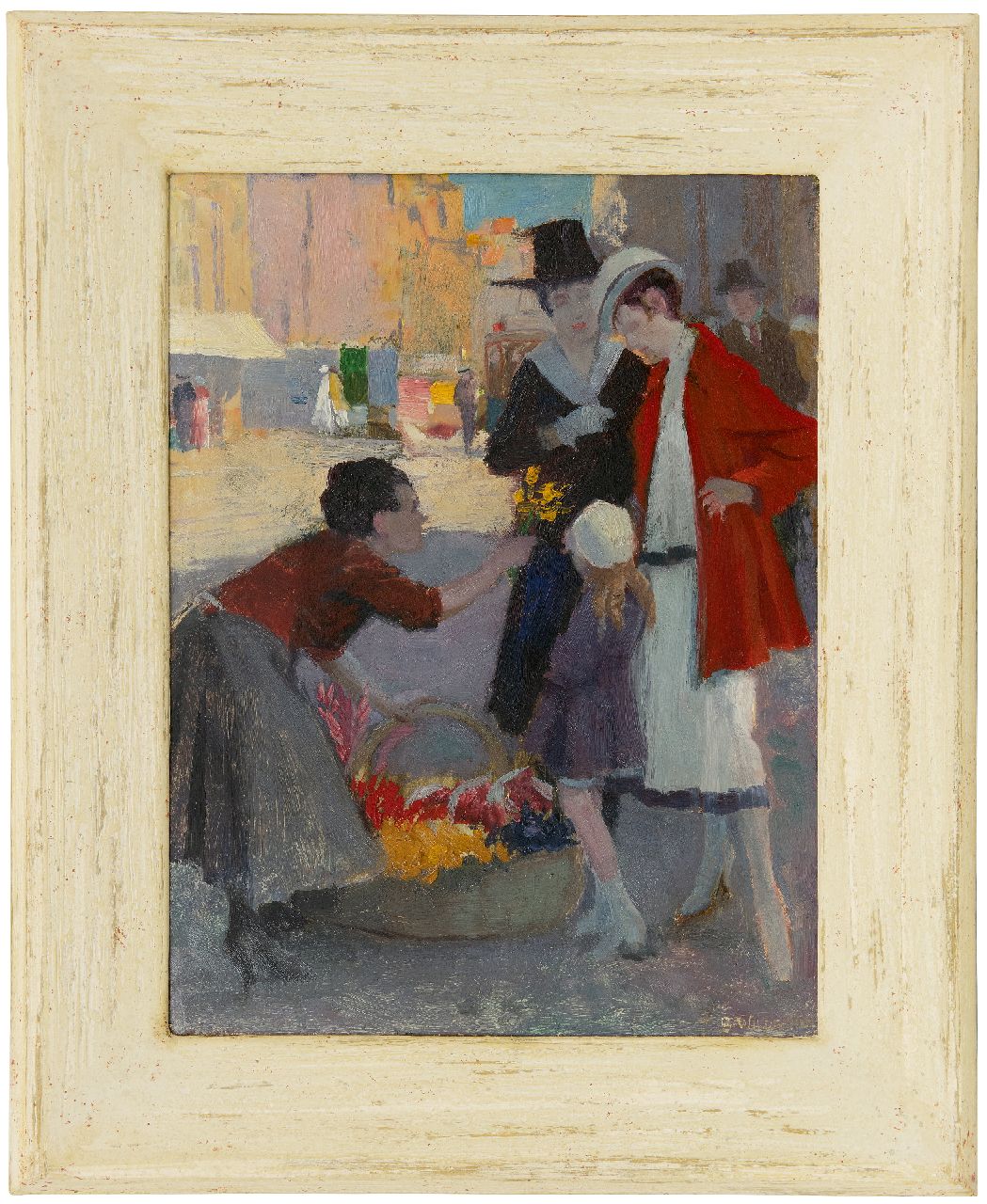 Wildschut G.P.W. | 'George' Petrus Wilhelmus Wildschut, Bij de bloemenverkoopster, olieverf op board 43,5 x 32,8 cm, gesigneerd rechtsonder Wildschut G.P.W. | 'George' Petrus Wilhelmus Wildschut, Bij de bloemenverkoopster, olieverf op board 43,5 x 32,8 cm, gesigneerd rechtsonder