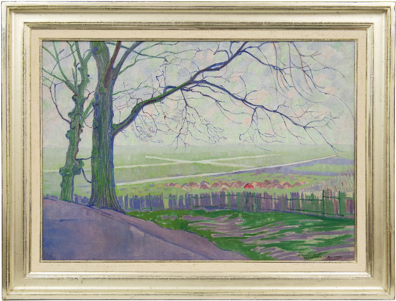 Schuhmacher W.G.C.  | Wijtze Gerrit Carel 'Wim' Schuhmacher | Schilderijen te koop aangeboden | Landschap bij Hillegersberg met bomen op de voorgrond, olieverf op doek 56,5 x 80,7 cm, gesigneerd rechtsonder en gedateerd 1915