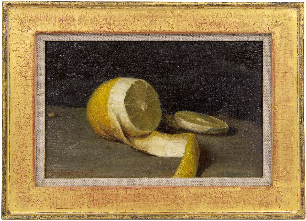 Wittenberg J.H.W. | 'Jan' Hendrik Willem Wittenberg, Stilleven met een citroen, olieverf op doek op board 11,5 x 18,0 cm, gesigneerd linksonder en gedateerd 1909 Wittenberg J.H.W. | 'Jan' Hendrik Willem Wittenberg, Stilleven met een citroen, olieverf op doek op board 11,5 x 18,0 cm, gesigneerd linksonder en gedateerd 1909