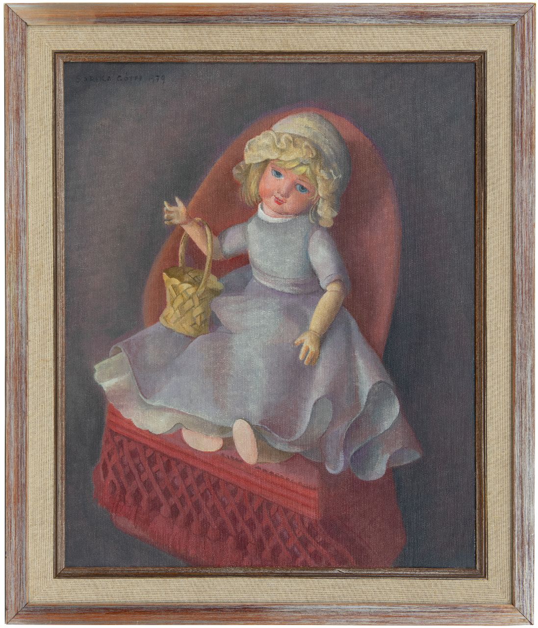 Góth C. | Charlotte 'Sarika' Góth | Schilderijen te koop aangeboden | Pop op een stoel, olieverf op doek 58,2 x 47,2 cm, gesigneerd linksboven en gedateerd 1979 Góth C. | Charlotte 'Sarika' Góth | Schilderijen te koop aangeboden | Pop op een stoel, olieverf op doek 58,2 x 47,2 cm, gesigneerd linksboven en gedateerd 1979