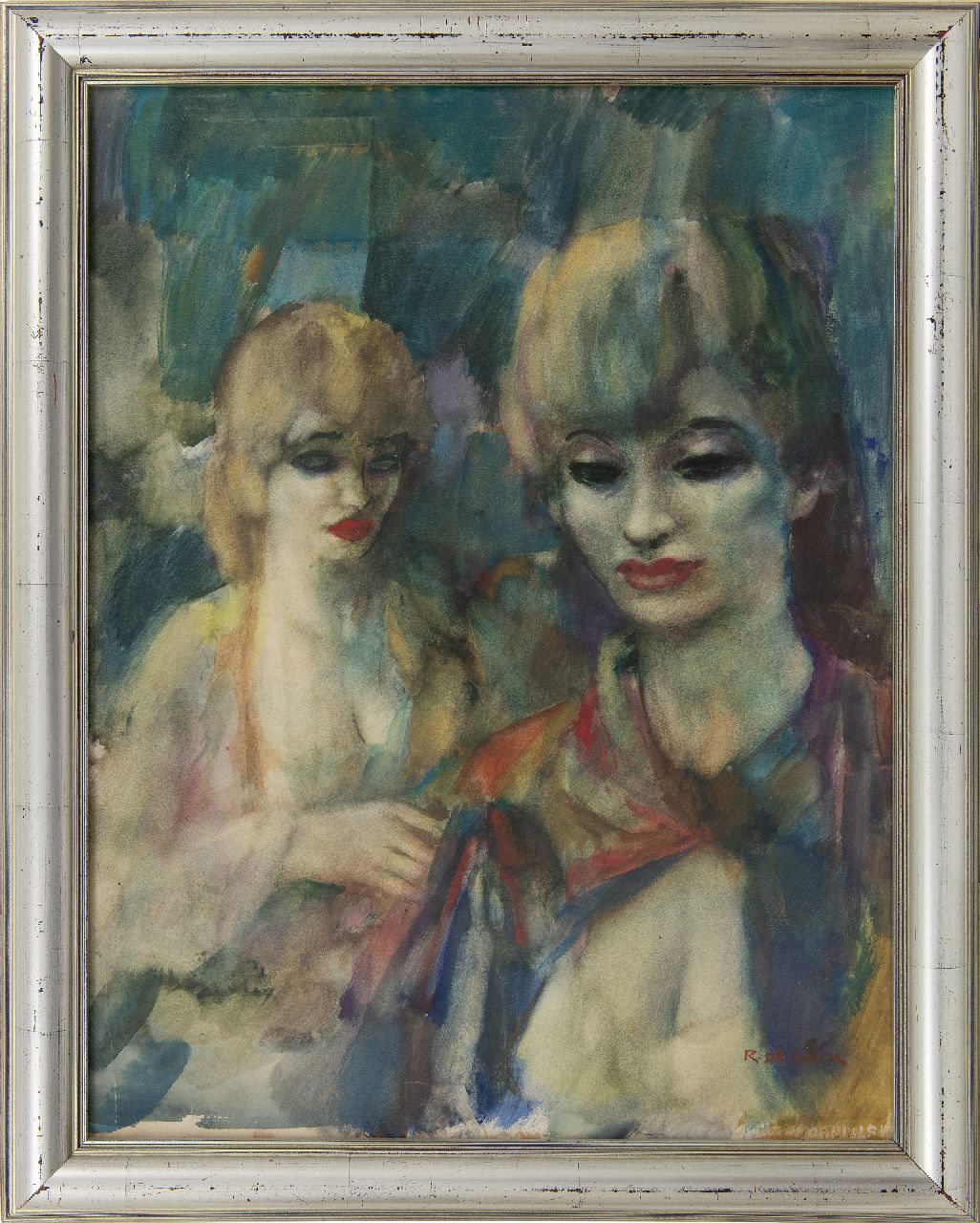 Buck R. de | Raphaël de Buck | Aquarellen en tekeningen te koop aangeboden | Twee vrouwen in het café, aquarel op papier 69,0 x 53,0 cm, gesigneerd rechtsonder Buck R. de | Raphaël de Buck | Aquarellen en tekeningen te koop aangeboden | Twee vrouwen in het café, aquarel op papier 69,0 x 53,0 cm, gesigneerd rechtsonder
