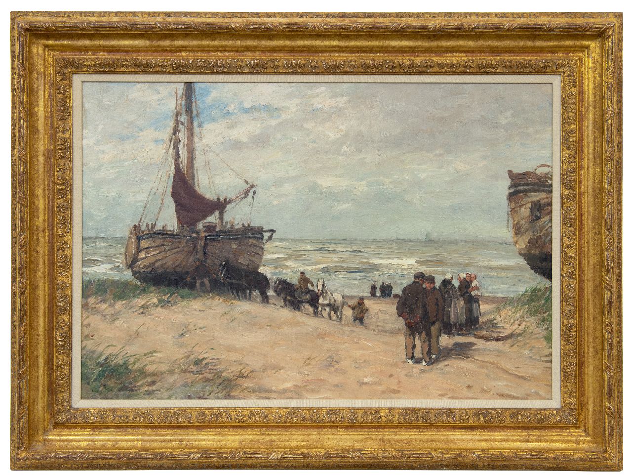 Hambüchen W. | Wilhelm Hambüchen, Bommen en vissersvolk op het strand van Katwijk, olieverf op doek 50,0 x 75,0 cm, gesigneerd linksonder Hambüchen W. | Wilhelm Hambüchen, Bommen en vissersvolk op het strand van Katwijk, olieverf op doek 50,0 x 75,0 cm, gesigneerd linksonder