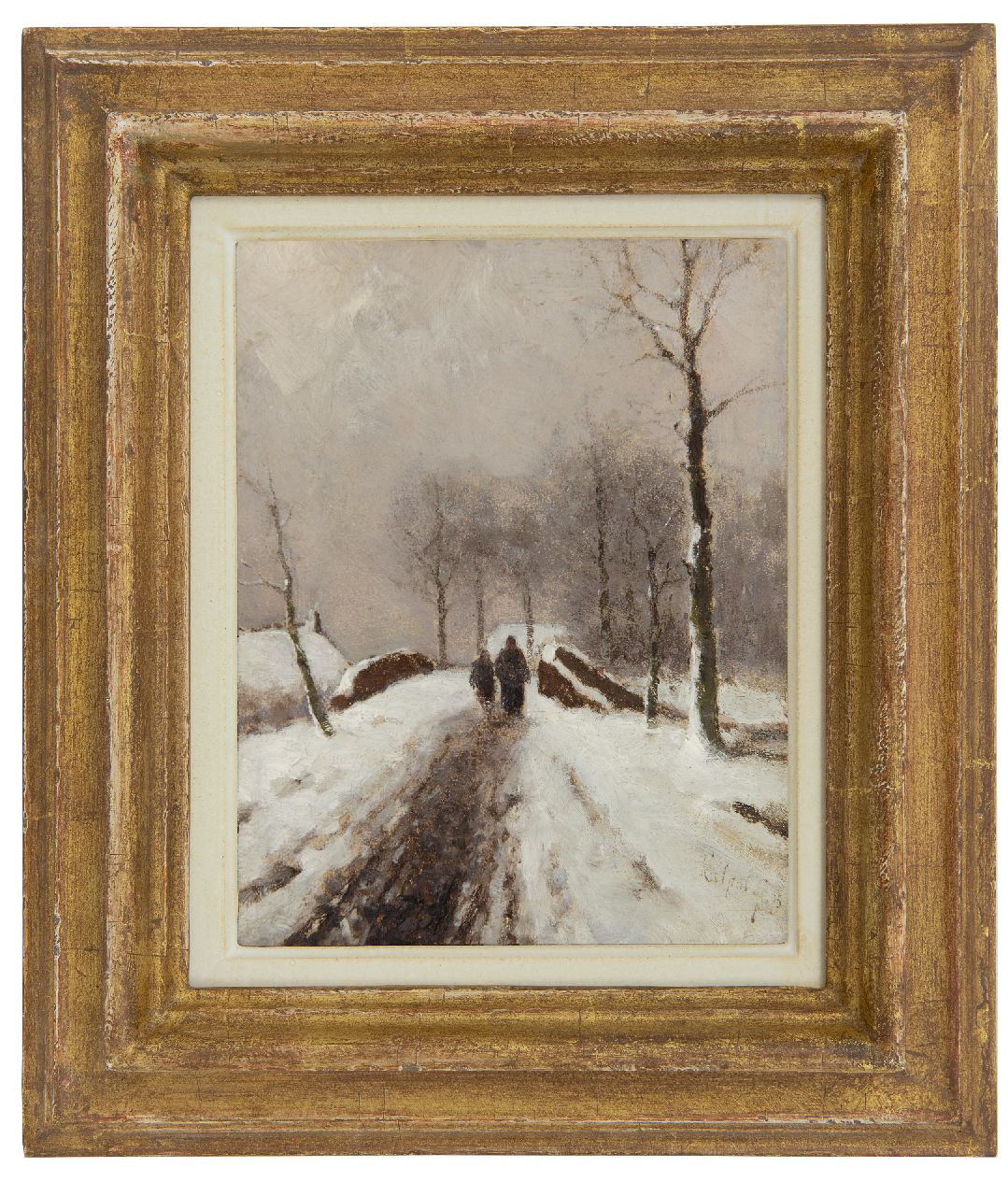 Apol L.F.H.  | Lodewijk Franciscus Hendrik 'Louis' Apol, Wandelaars op een besneeuwd pad, olieverf op paneel 19,0 x 14,9 cm, gesigneerd rechtsonder en gedateerd '75
