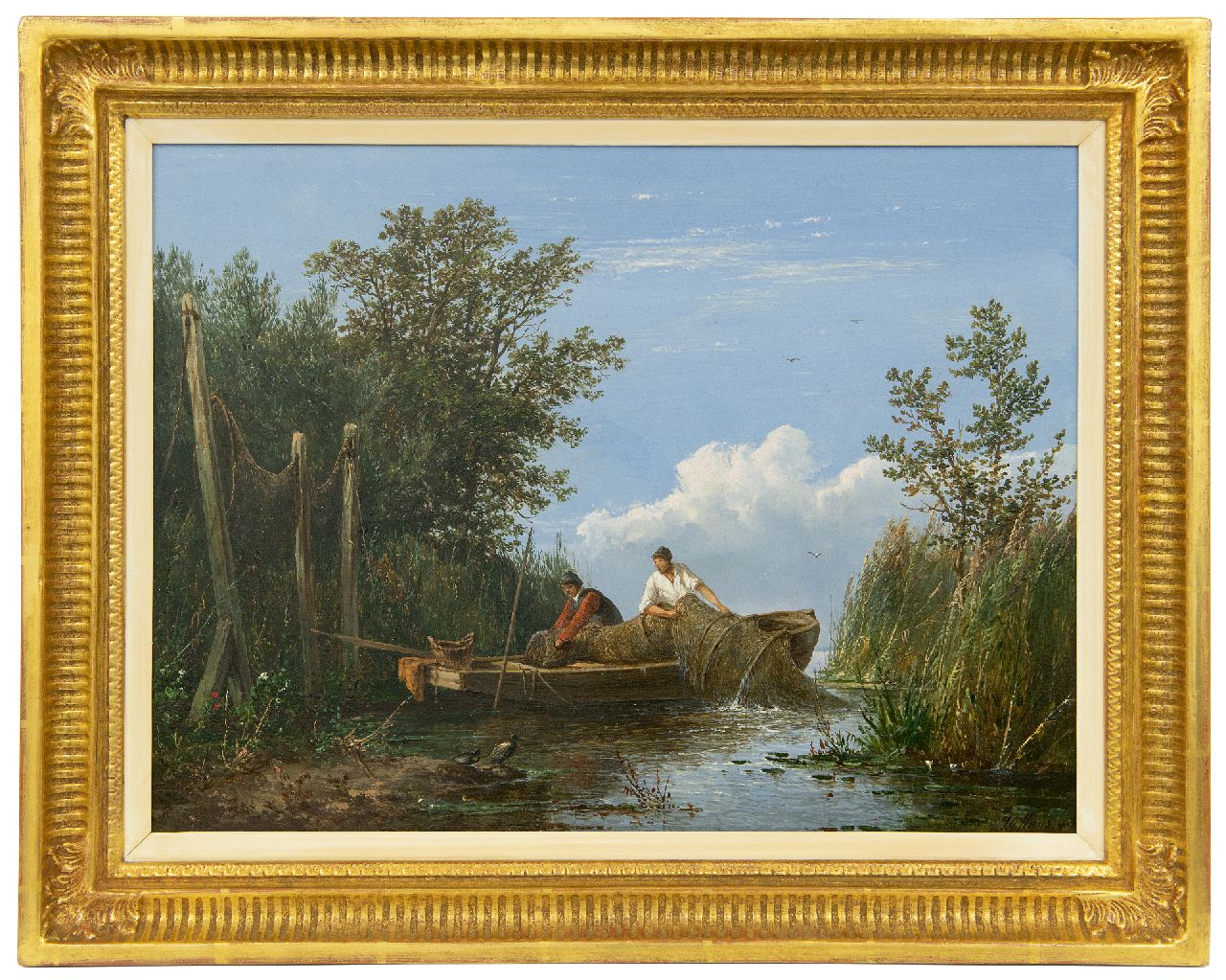 Hans J.G.  | Josephus Gerardus Hans, Het binnenhalen van de fuiken, olieverf op paneel 34,0 x 45,0 cm, gesigneerd rechtsonder