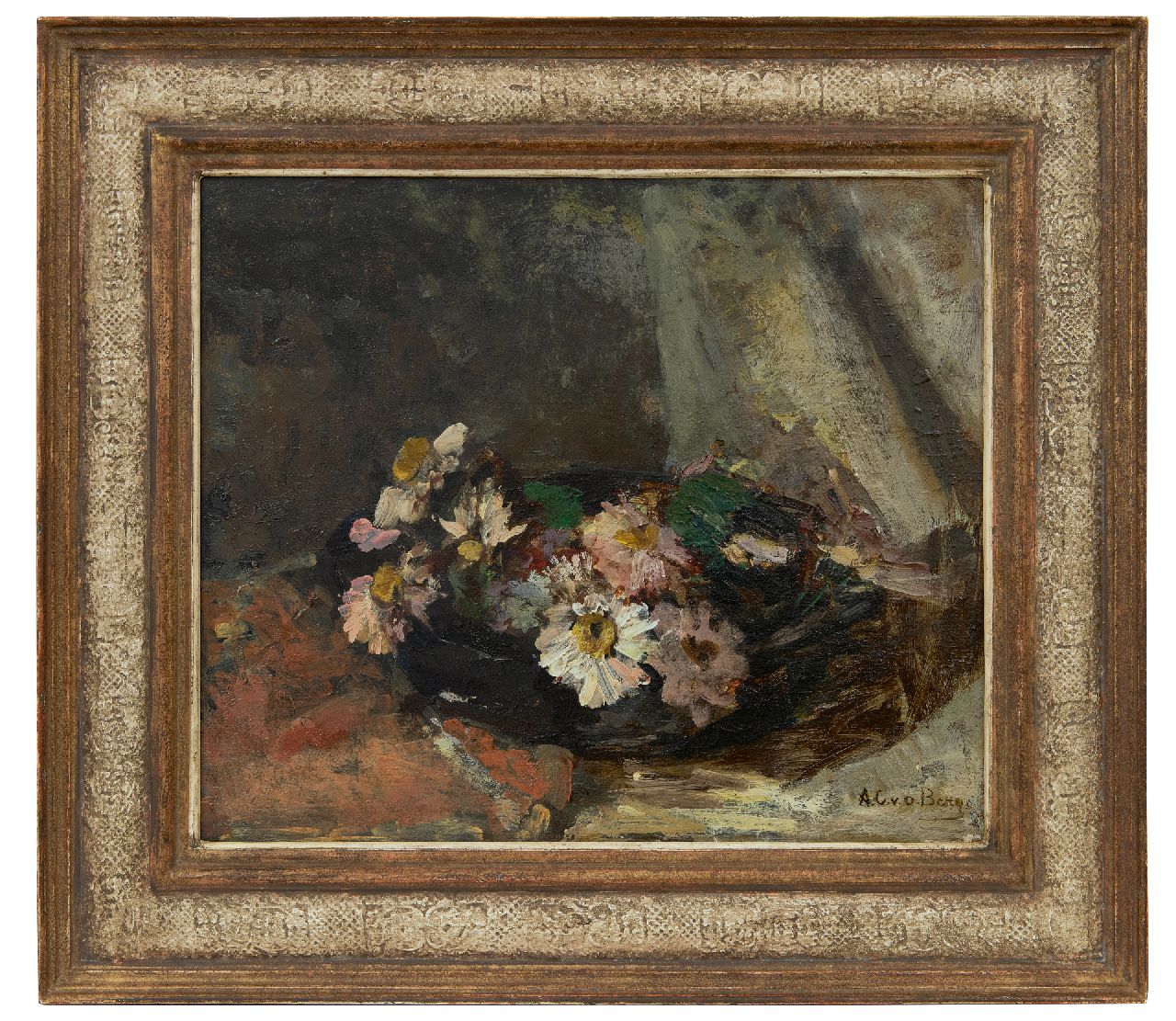 Berg A.C. van den | Anna Carolina 'Ans' van den Berg, Margrieten in een drijfschaal, olieverf op paneel 35,0 x 41,1 cm, gesigneerd rechtsonder Berg A.C. van den | Anna Carolina 'Ans' van den Berg, Margrieten in een drijfschaal, olieverf op paneel 35,0 x 41,1 cm, gesigneerd rechtsonder