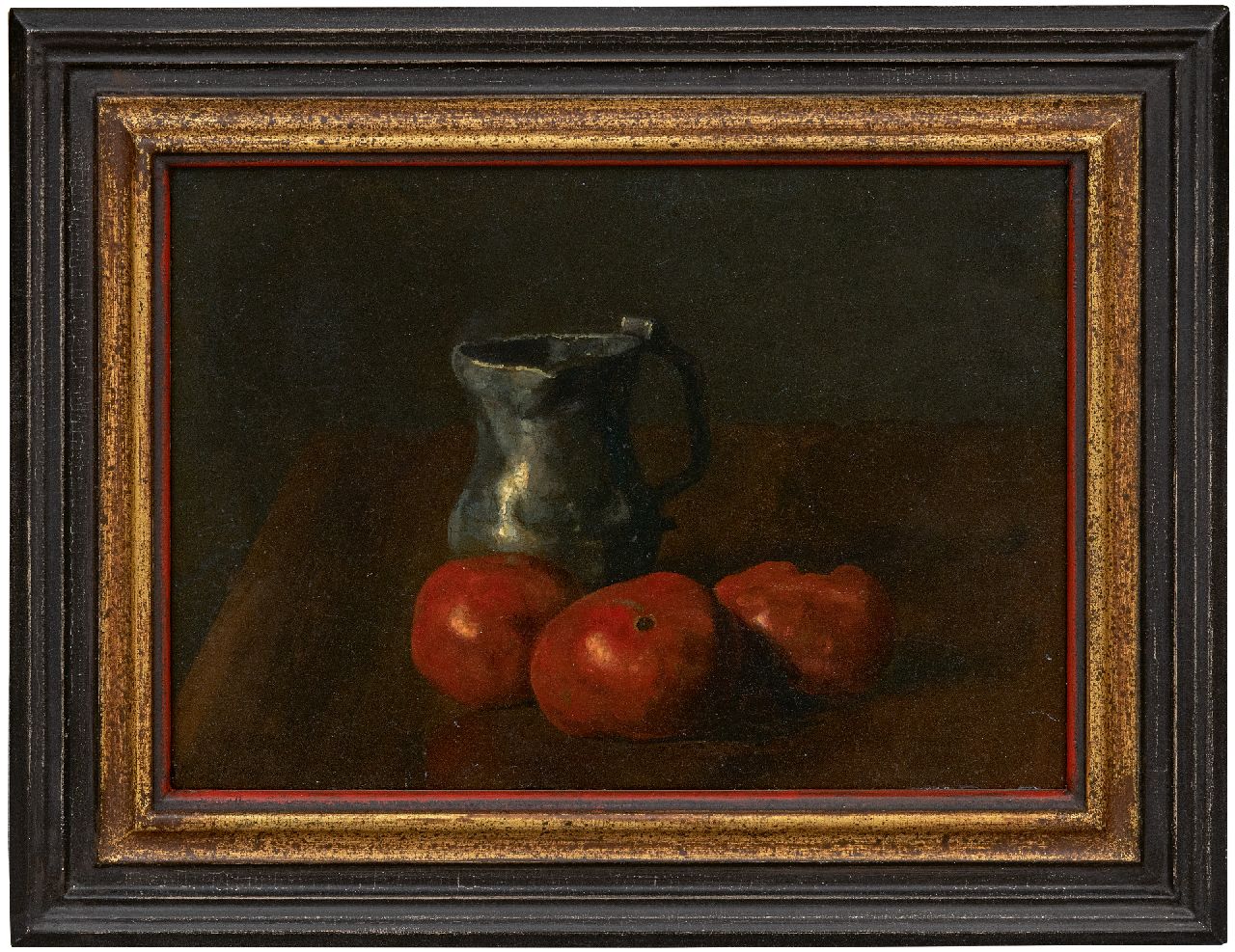 Jungmann M.J.B. | 'Maarten' Johannes Balthasar Jungmann | Schilderijen te koop aangeboden | Stilleven met tinnen kan en tomaten, olieverf op paneel 23,7 x 32,9 cm, gesigneerd linksonder Jungmann M.J.B. | 'Maarten' Johannes Balthasar Jungmann | Schilderijen te koop aangeboden | Stilleven met tinnen kan en tomaten, olieverf op paneel 23,7 x 32,9 cm, gesigneerd linksonder