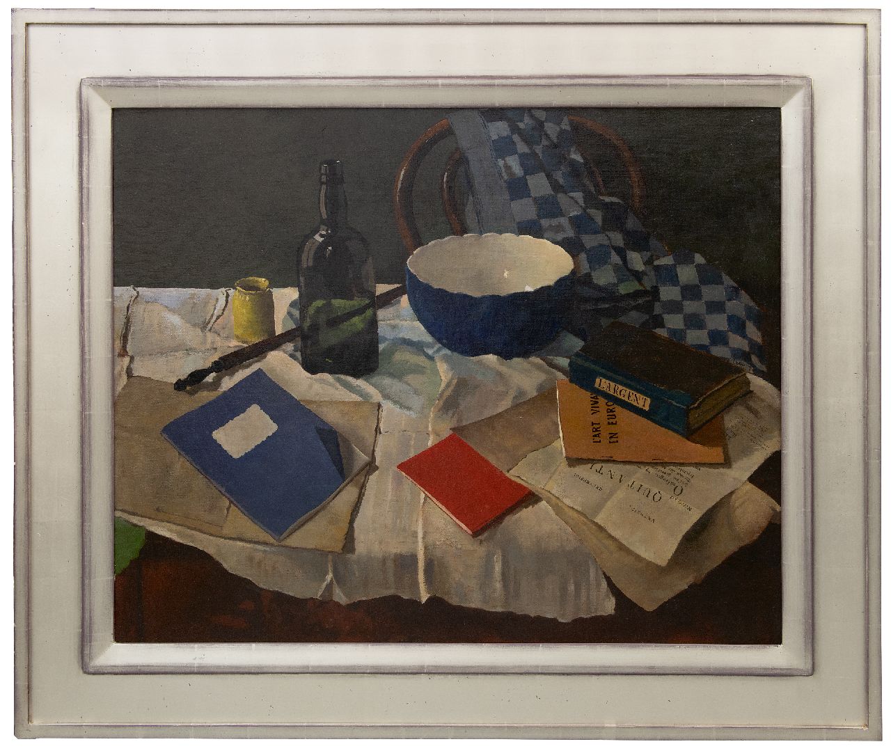 Verkoren L. | Lucas Verkoren | Schilderijen te koop aangeboden | Stilleven met fles, kom en boeken, olieverf op doek 75,7 x 91,5 cm, gesigneerd rechts van het midden en gedateerd 1955 Verkoren L. | Lucas Verkoren | Schilderijen te koop aangeboden | Stilleven met fles, kom en boeken, olieverf op doek 75,7 x 91,5 cm, gesigneerd rechts van het midden en gedateerd 1955