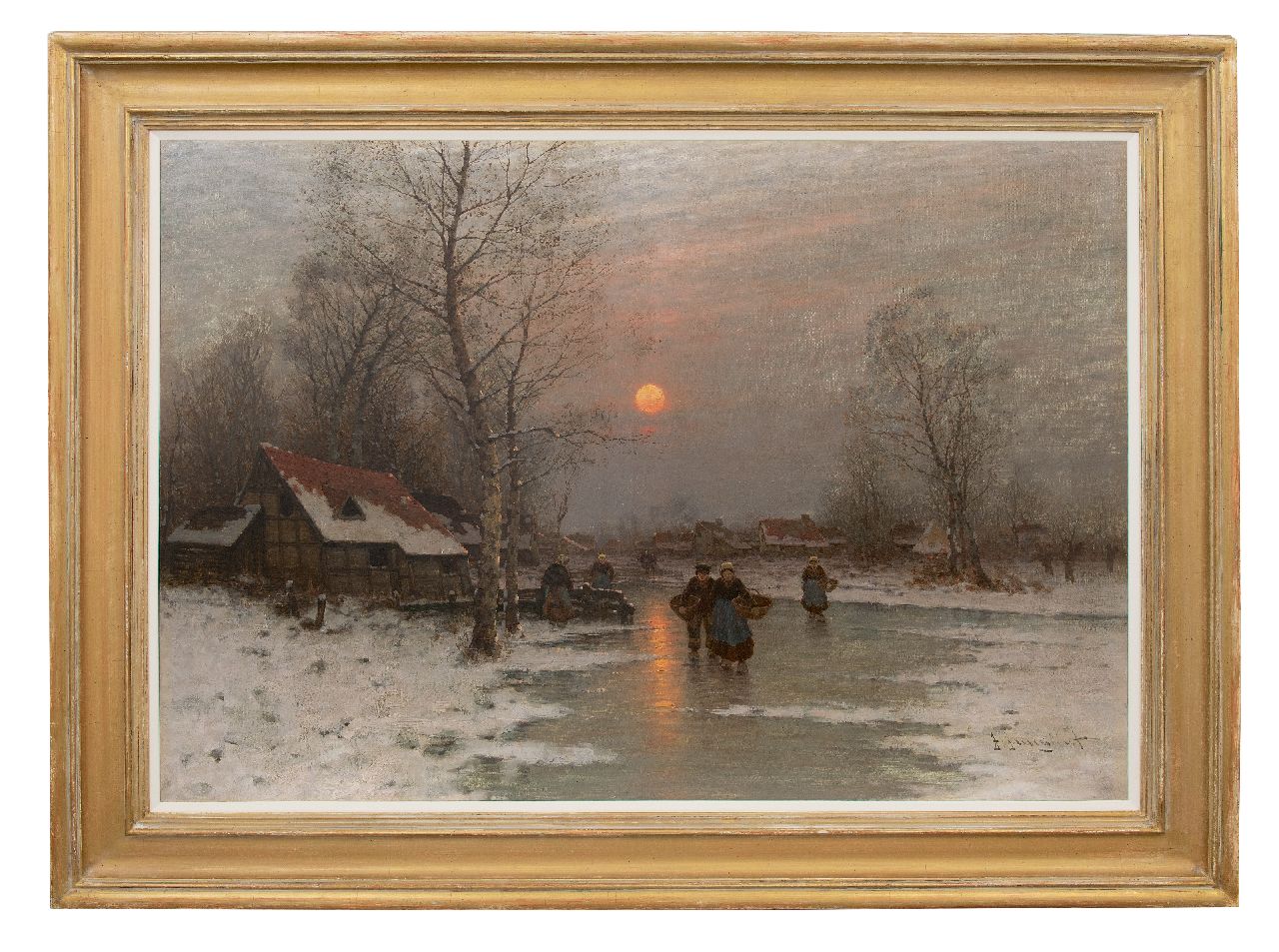 Jungblut J. | Johann Jungblut, Landvolk op een bevroren rivier, olieverf op doek 80,3 x 115,1 cm, gesigneerd rechtsonder en zonder lijst Jungblut J. | Johann Jungblut, Landvolk op een bevroren rivier, olieverf op doek 80,3 x 115,1 cm, gesigneerd rechtsonder en zonder lijst