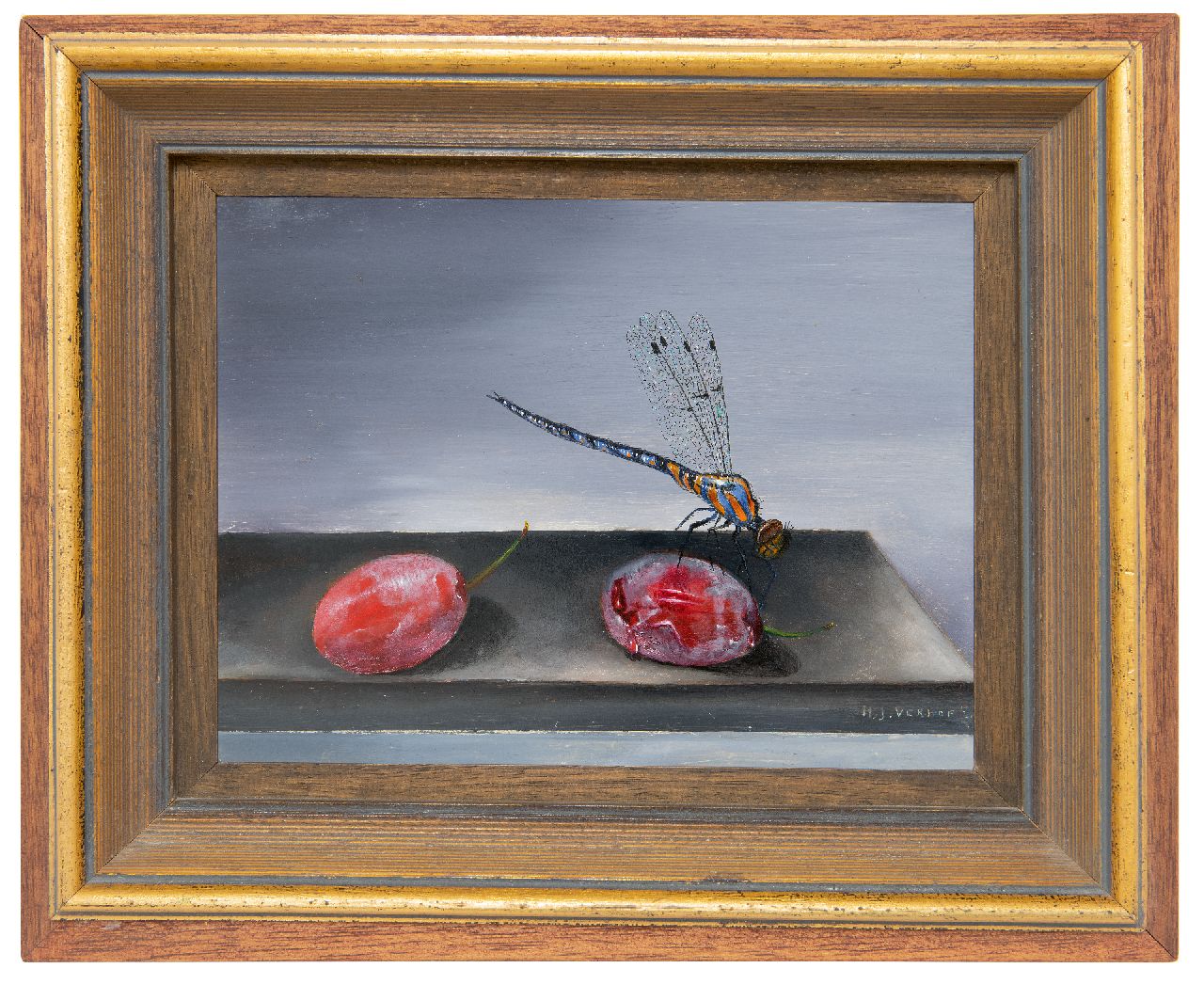 Verhoef H. | Hans Verhoef | Schilderijen te koop aangeboden | Libelle en rode pruimen, olieverf op zink 16,0 x 21,0 cm, gesigneerd rechtsonder Verhoef H. | Hans Verhoef | Schilderijen te koop aangeboden | Libelle en rode pruimen, olieverf op zink 16,0 x 21,0 cm, gesigneerd rechtsonder