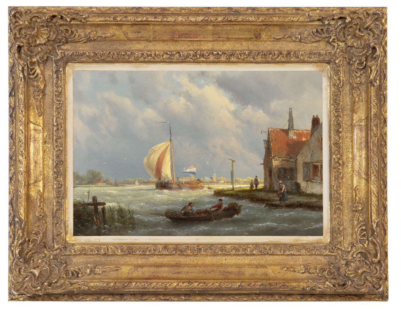 Koekkoek H.  | Hermanus Koekkoek, Langs een dorpje zeilende tjalk in een stevige bries, olieverf op paneel 22,1 x 32,0 cm, gesigneerd rechts van het midden op huisje