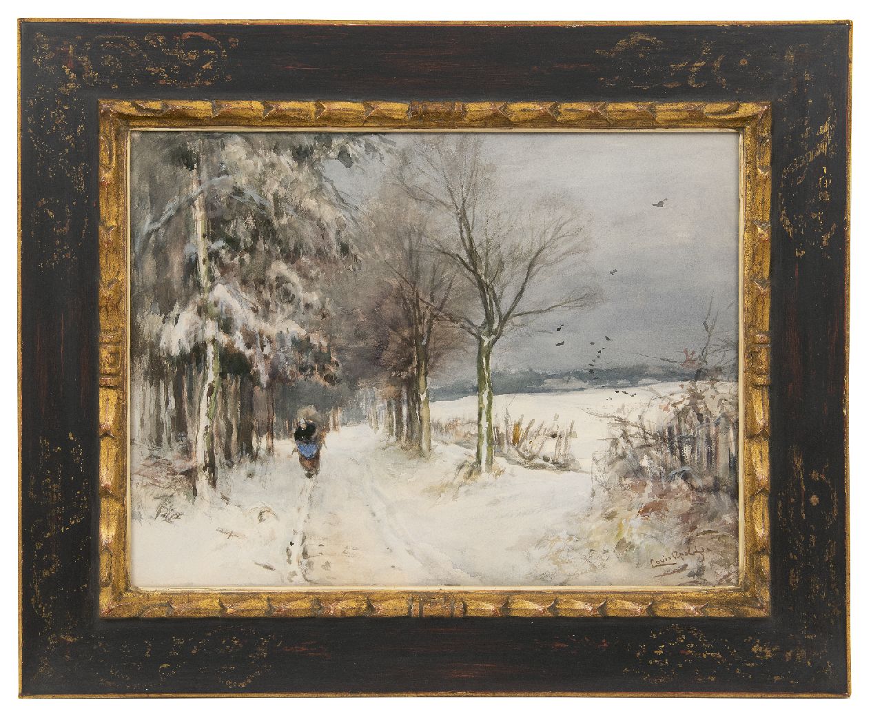 Apol L.F.H. | Lodewijk Franciscus Hendrik 'Louis' Apol, Sneeuwlandschap met houtsprokkelaarster, aquarel en gouache op papier 40,1 x 53,1 cm, gesigneerd rechtsonder Apol L.F.H. | Lodewijk Franciscus Hendrik 'Louis' Apol, Sneeuwlandschap met houtsprokkelaarster, aquarel en gouache op papier 40,1 x 53,1 cm, gesigneerd rechtsonder