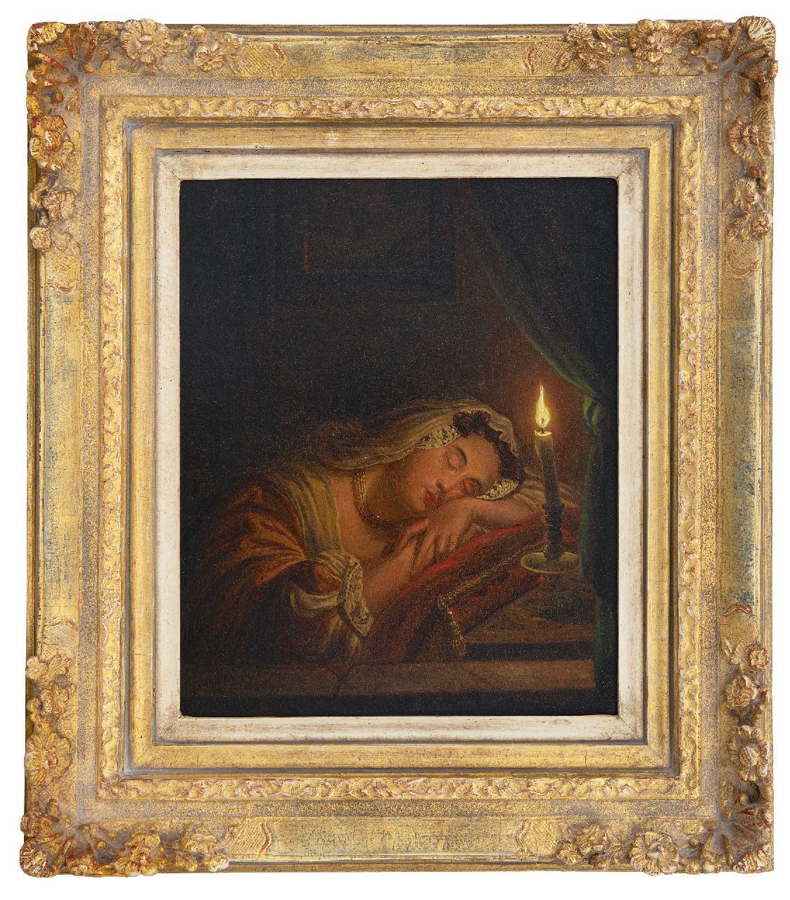 Thans W. | Willem Thans | Schilderijen te koop aangeboden | Slapende vrouw bij kaarslicht, olieverf op paneel 25,6 x 20,2 cm, gesigneerd rechtsonder en gedateerd 1845 Thans W. | Willem Thans | Schilderijen te koop aangeboden | Slapende vrouw bij kaarslicht, olieverf op paneel 25,6 x 20,2 cm, gesigneerd rechtsonder en gedateerd 1845