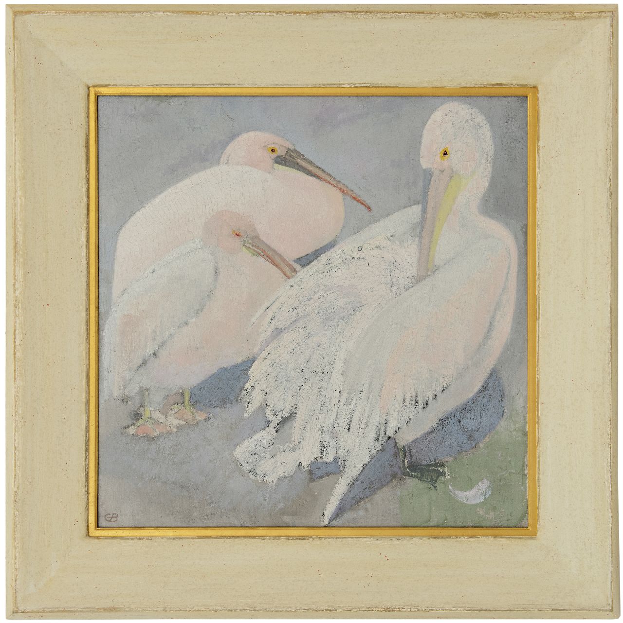Bruigom M.C. | Margaretha Cornelia 'Greta' Bruigom | Schilderijen te koop aangeboden | Drie pelikanen, olieverf op doek 60,3 x 60,1 cm, gesigneerd linksonder met monogram Bruigom M.C. | Margaretha Cornelia 'Greta' Bruigom | Schilderijen te koop aangeboden | Drie pelikanen, olieverf op doek 60,3 x 60,1 cm, gesigneerd linksonder met monogram