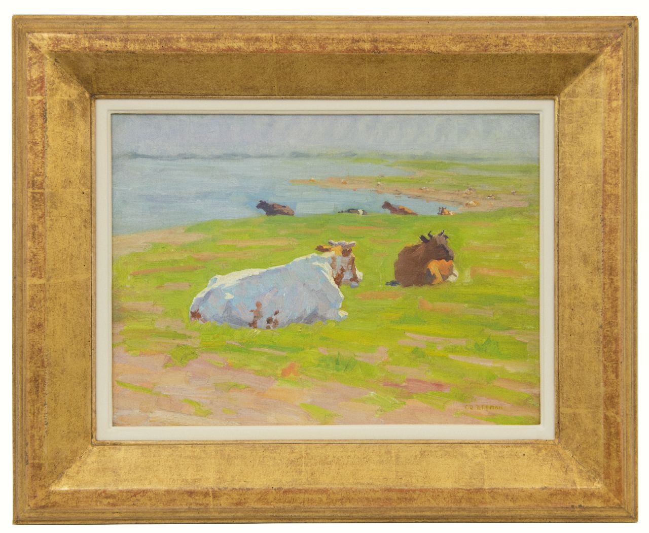 Breman A.J. | Ahazueros Jacobus 'Co' Breman, Vee in de wei (aan de IJssel), olieverf op doek 28,2 x 38,4 cm, gesigneerd rechtsonder Breman A.J. | Ahazueros Jacobus 'Co' Breman, Vee in de wei (aan de IJssel), olieverf op doek 28,2 x 38,4 cm, gesigneerd rechtsonder