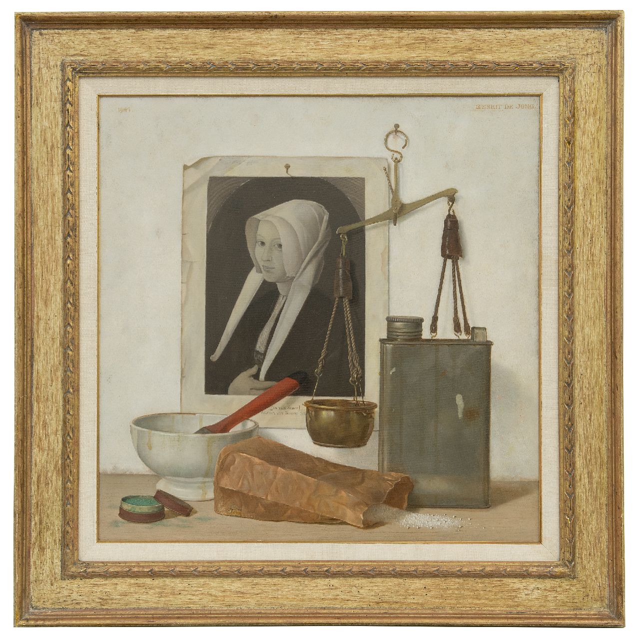 Jong G. de | Gerrit de Jong, Stilleven met witte kom, weegschaal en afbeelding van schilderij van Jan van Scorel, olieverf op doek 50,3 x 50,3 cm, gesigneerd rechtsboven en gedateerd 1944 Jong G. de | Gerrit de Jong, Stilleven met witte kom, weegschaal en afbeelding van schilderij van Jan van Scorel, olieverf op doek 50,3 x 50,3 cm, gesigneerd rechtsboven en gedateerd 1944
