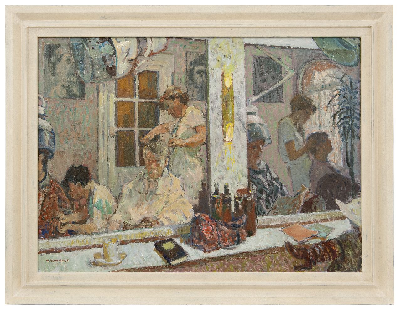Kurpershoek T.L.  | Theodorus Lambertus 'Theo' Kurpershoek, Zelfportret in de spiegel van de kapsalon, olieverf op doek 80,4 x 110,2 cm, gesigneerd linksonder en gedateerd '83
