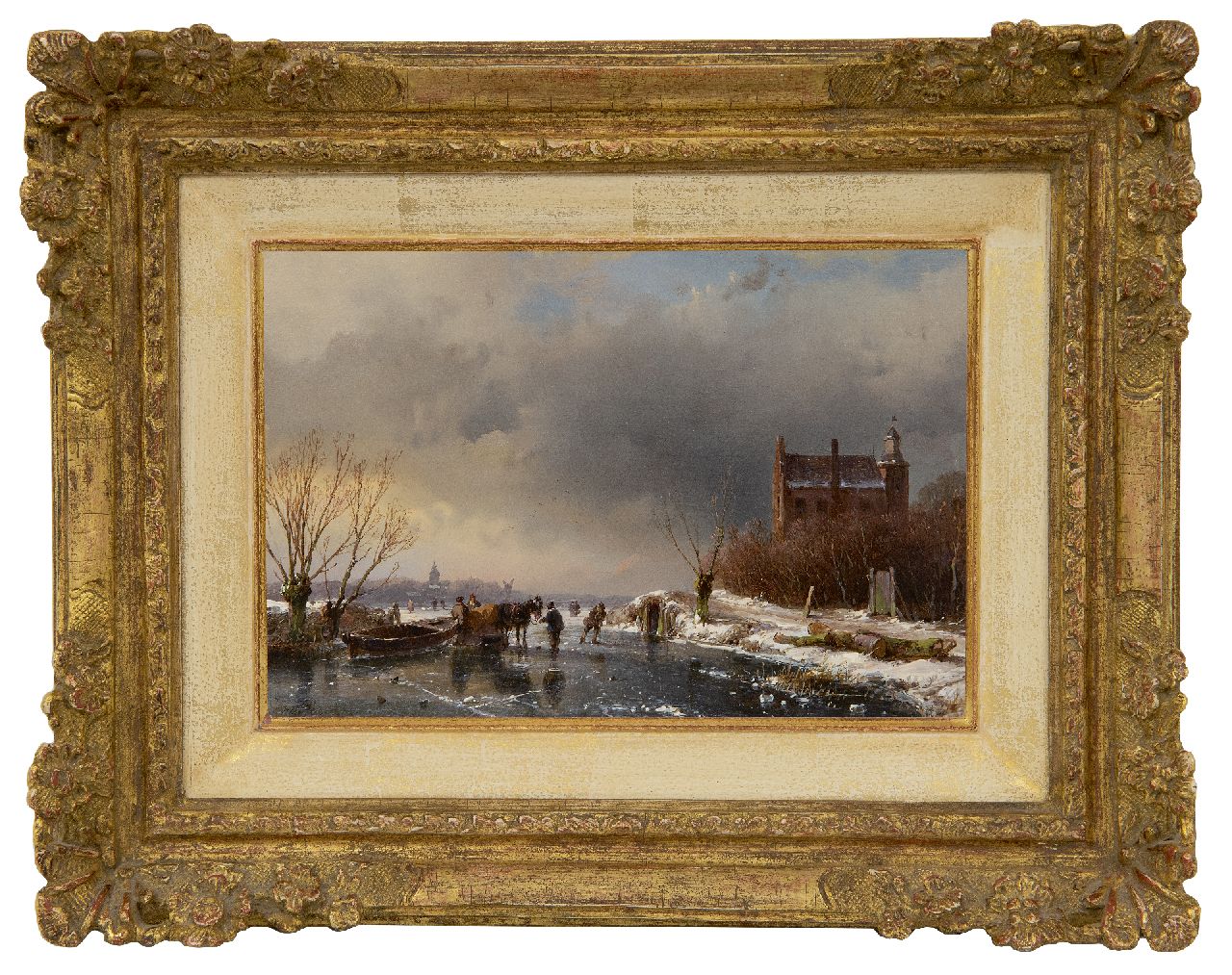 Schelfhout A. | Andreas Schelfhout, IJsgezicht met schaatsers bij een kasteel, olieverf op paneel 15,3 x 22,7 cm, gesigneerd linksonder en gedateerd '51 Schelfhout A. | Andreas Schelfhout, IJsgezicht met schaatsers bij een kasteel, olieverf op paneel 15,3 x 22,7 cm, gesigneerd linksonder en gedateerd '51