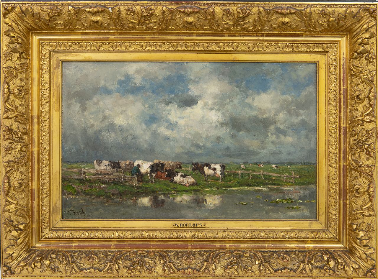 Roelofs W. | Willem Roelofs, Melktijd, olieverf op doek 37,3 x 58,4 cm, gesigneerd linksonder en te dateren ca. 1886 Roelofs W. | Willem Roelofs, Melktijd, olieverf op doek 37,3 x 58,4 cm, gesigneerd linksonder en te dateren ca. 1886