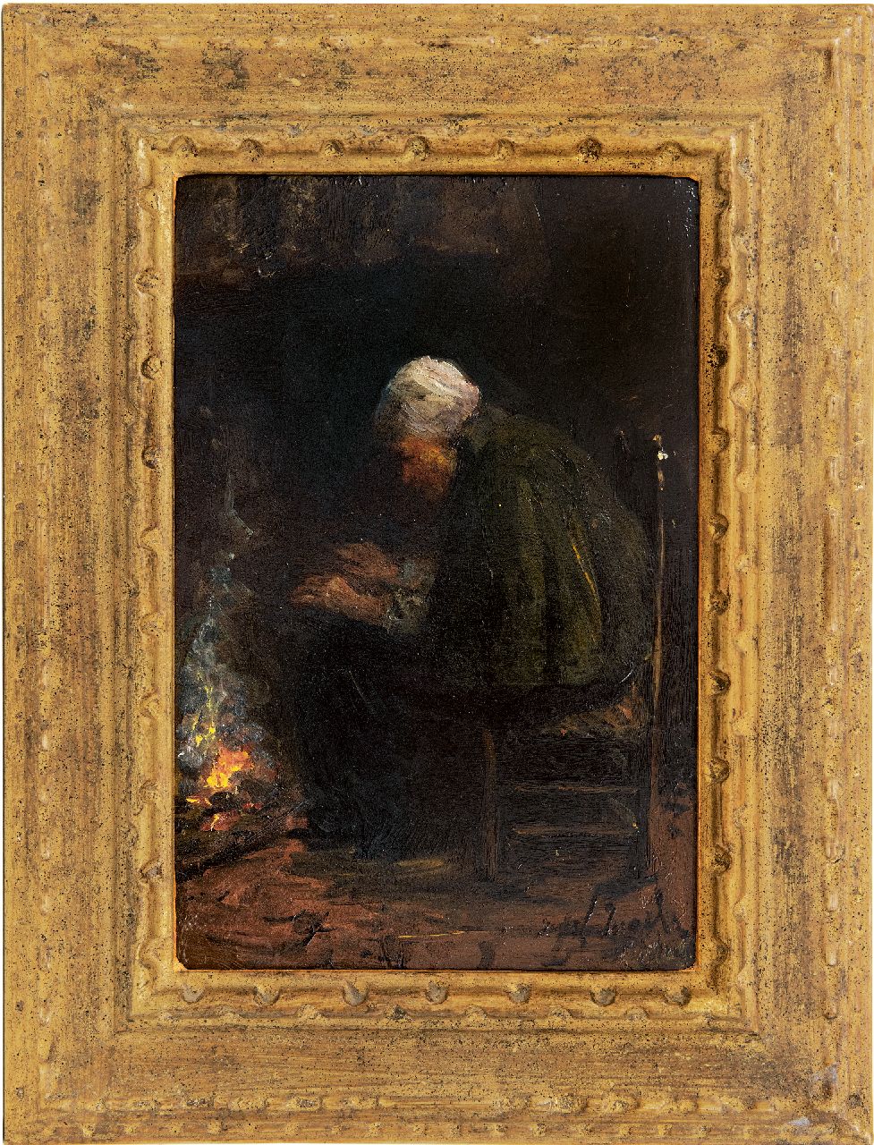 Israëls J.  | Jozef Israëls, Bij de haard, olieverf op paneel 29,5 x 20,0 cm, gesigneerd rechtsonder (tweemaal)