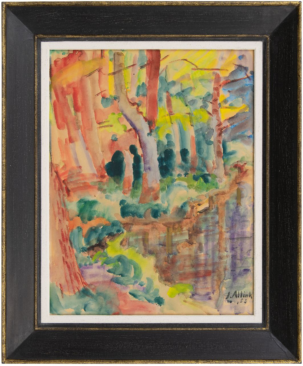 Altink J. | Jan Altink, Bos met vijver, aquarel op papier 61,7 x 46,7 cm, gesigneerd rechtsonder en gedateerd '55 Altink J. | Jan Altink, Bos met vijver, aquarel op papier 61,7 x 46,7 cm, gesigneerd rechtsonder en gedateerd '55