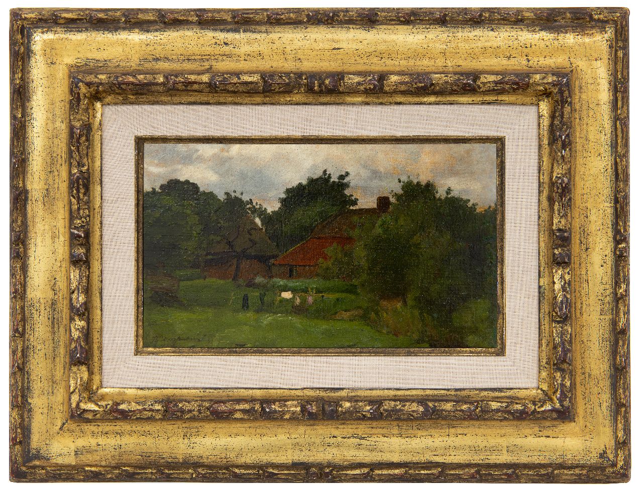 Weissenbruch H.J. | Hendrik Johannes 'J.H.' Weissenbruch, Boerderij met drogende was, olieverf op doek op paneel 15,4 x 26,1 cm, gesigneerd linksonder Weissenbruch H.J. | Hendrik Johannes 'J.H.' Weissenbruch, Boerderij met drogende was, olieverf op doek op paneel 15,4 x 26,1 cm, gesigneerd linksonder