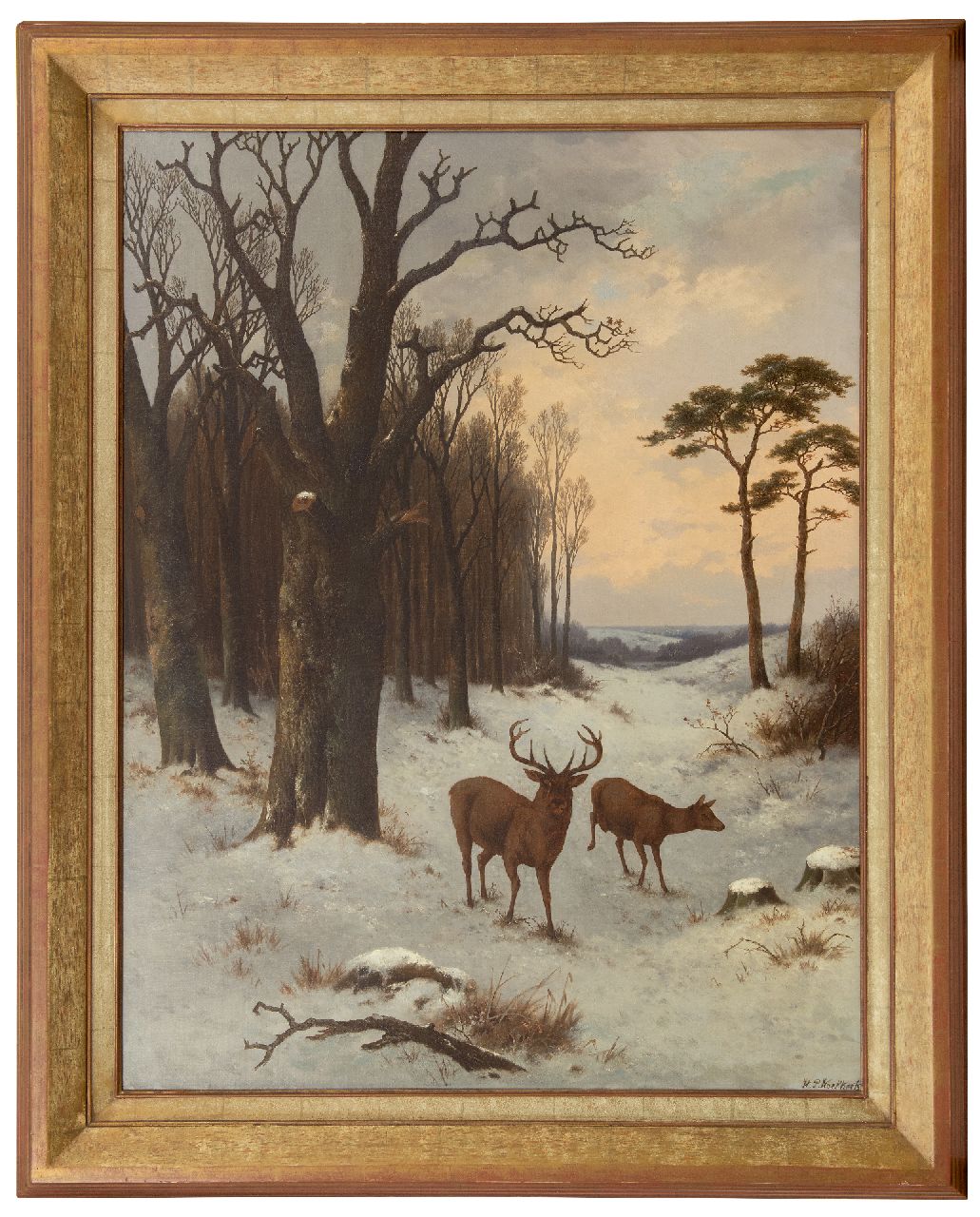 Koekkoek P.H. | Pieter Hendrik 'H.P.' Koekkoek, Herten in sneeuwlandschap, olieverf op doek 91,6 x 70,8 cm, gesigneerd rechtsonder en te dateren ca. 1870 Koekkoek P.H. | Pieter Hendrik 'H.P.' Koekkoek, Herten in sneeuwlandschap, olieverf op doek 91,6 x 70,8 cm, gesigneerd rechtsonder en te dateren ca. 1870
