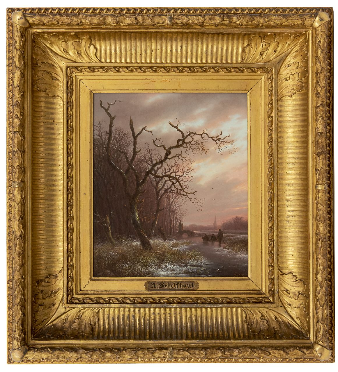 Schelfhout A.  | Andreas Schelfhout | Schilderijen te koop aangeboden | Jager en schaatsers op het ijs langs de bosrand (1e versie), olieverf op paneel 29,5 x 24,7 cm, gesigneerd rechtsonder en te dateren ca. 1812