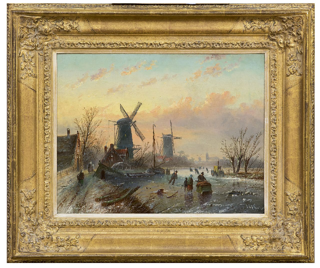 Spohler J.J.C. | Jacob Jan Coenraad Spohler, Schaatspret op een bevroren rivier bij molens, olieverf op doek 35,2 x 45,3 cm, gesigneerd rechtsonder Spohler J.J.C. | Jacob Jan Coenraad Spohler, Schaatspret op een bevroren rivier bij molens, olieverf op doek 35,2 x 45,3 cm, gesigneerd rechtsonder