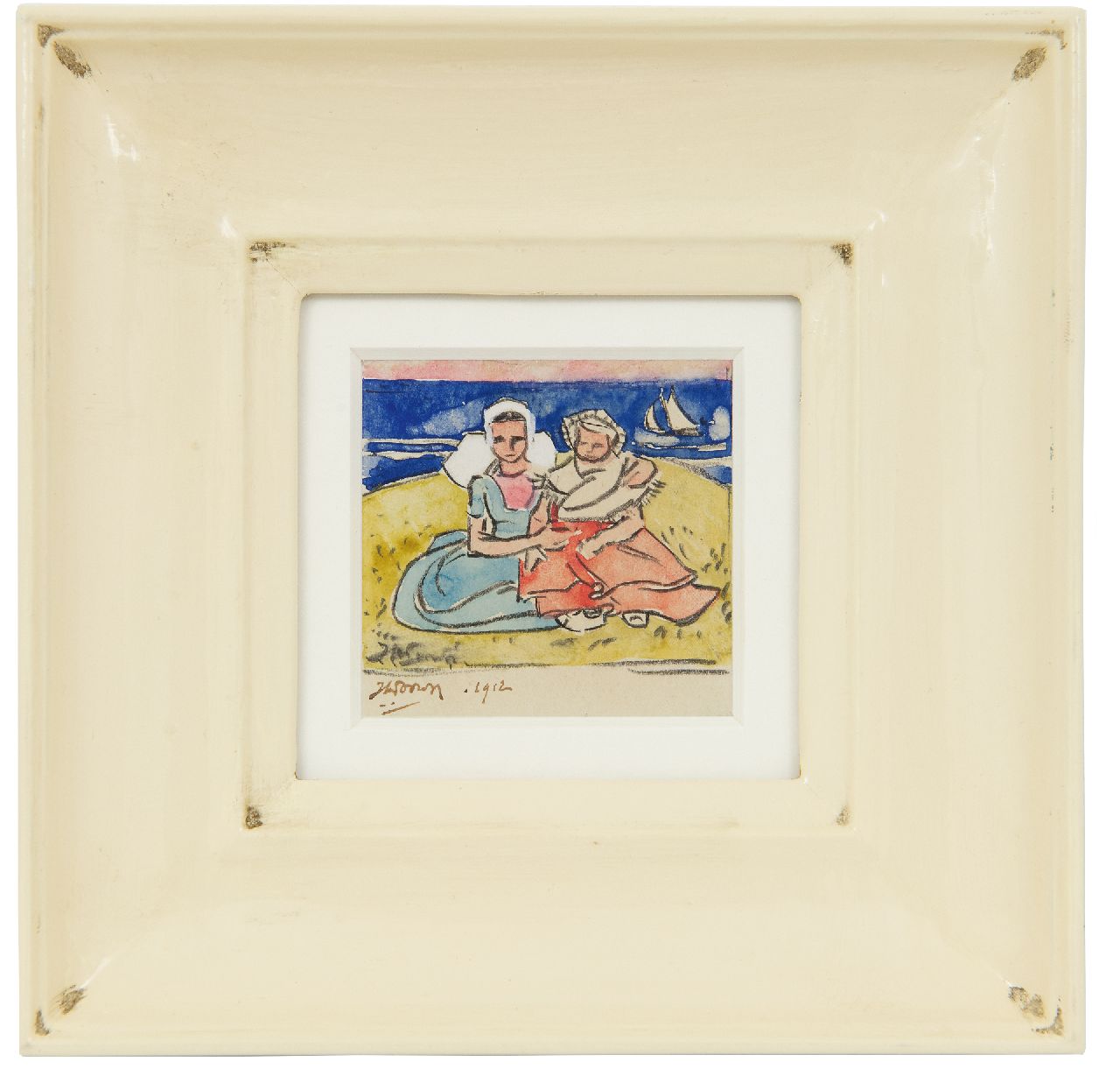 Toorop J.Th.  | Johannes Theodorus 'Jan' Toorop, Op het duin bij Domburg, zwart krijt en aquarel op papier 6,2 x 6,6 cm, gesigneerd linksonder (tweemaal) en gedateerd 1912