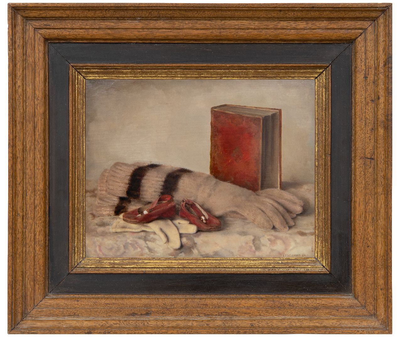 Everbag F.  | Franciscus 'Frans' Everbag | Schilderijen te koop aangeboden | Stilleven met handschoenen, boek en kinderschoentjes, olieverf op paneel 21,0 x 26,9 cm, gesigneerd rechtsonder en gedateerd '27
