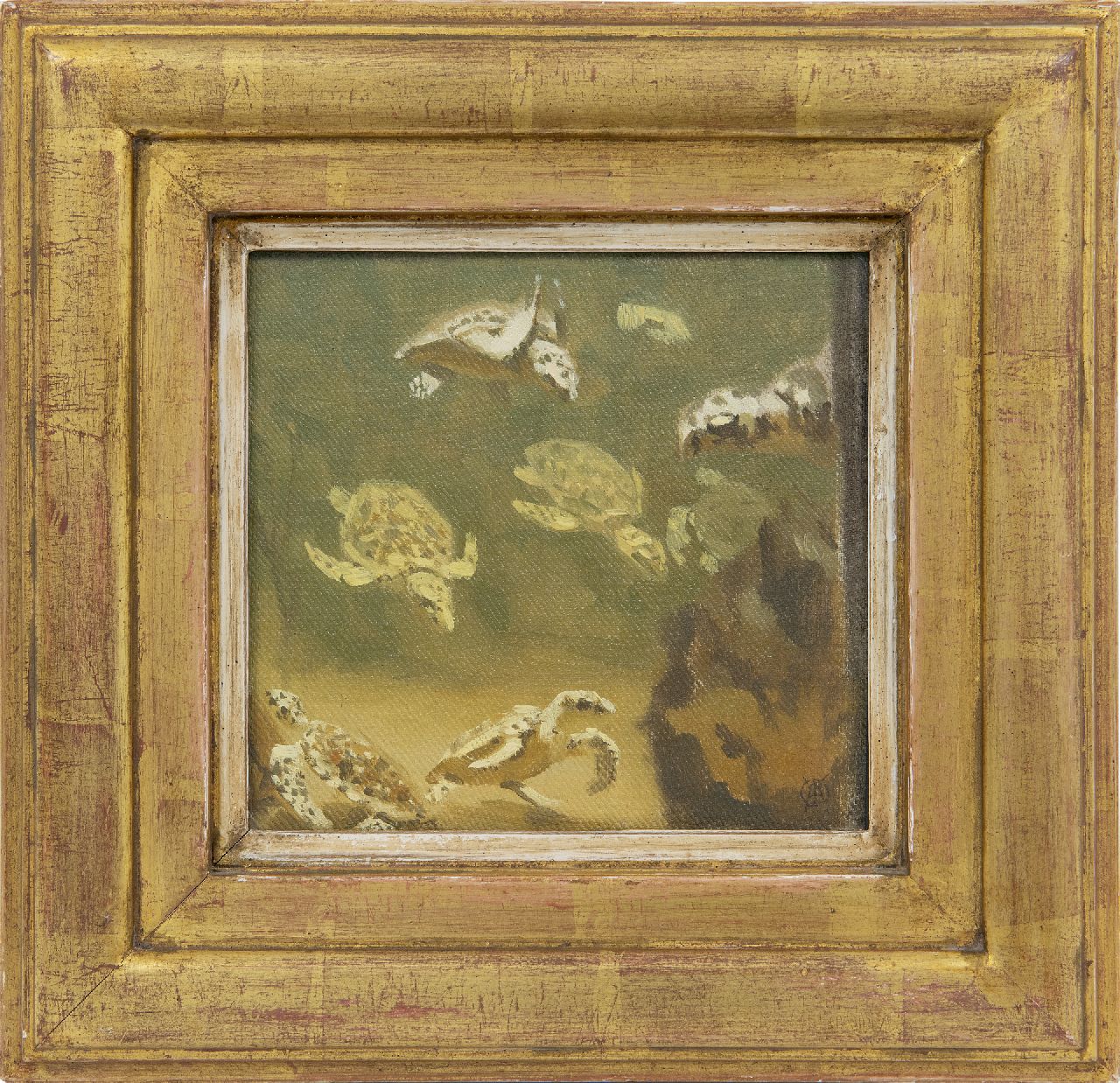 Dijsselhof G.W. | Gerrit Willem Dijsselhof | Schilderijen te koop aangeboden | Waterschildpadjes, olieverf op paneel 15,0 x 15,0 cm, gesigneerd rechtsonder met monogram Dijsselhof G.W. | Gerrit Willem Dijsselhof | Schilderijen te koop aangeboden | Waterschildpadjes, olieverf op paneel 15,0 x 15,0 cm, gesigneerd rechtsonder met monogram