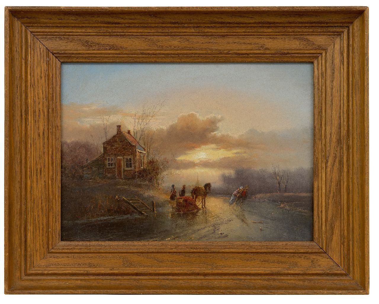 Morel II J.E. | Jan Evert Morel II | Schilderijen te koop aangeboden | Paardenslee en schaatsers bij zonsondergang, olieverf op paneel 20,2 x 28,5 cm, gesigneerd rechtsonder Morel II J.E. | Jan Evert Morel II | Schilderijen te koop aangeboden | Paardenslee en schaatsers bij zonsondergang, olieverf op paneel 20,2 x 28,5 cm, gesigneerd rechtsonder
